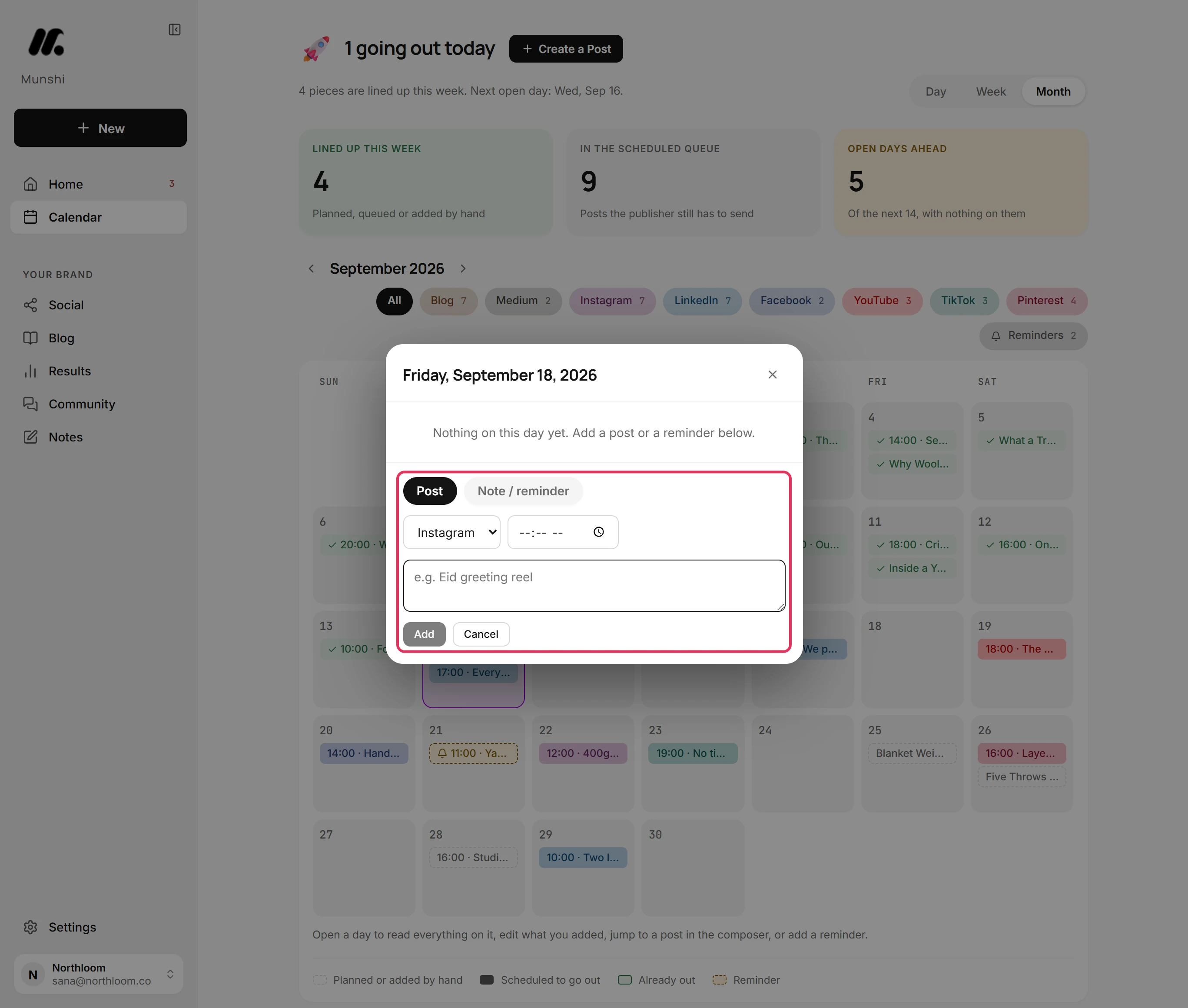 The add form in the day's panel, with Post selected, a channel menu, a time field and a text box.