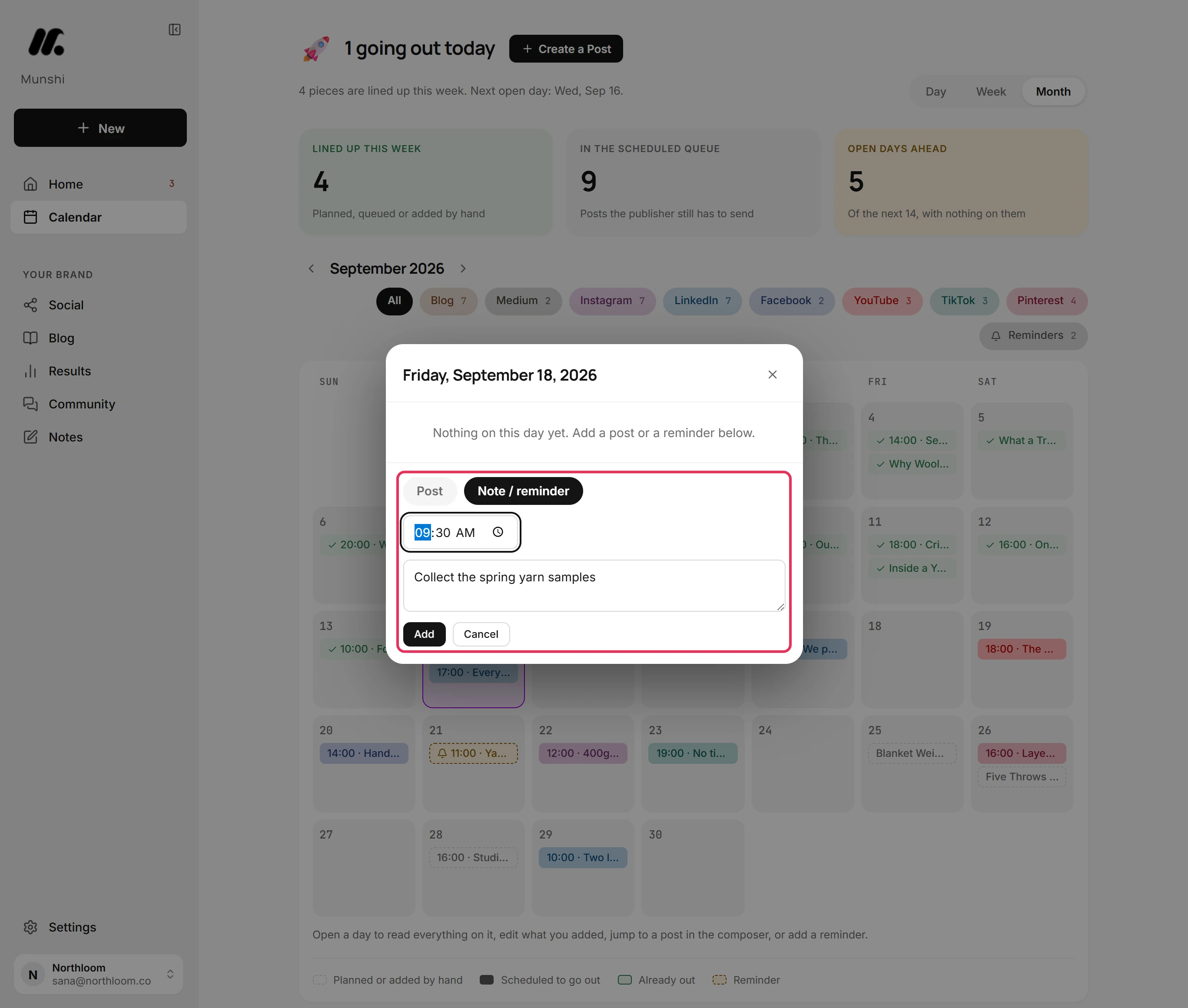 The form with Note / reminder selected, a time filled in and the reminder typed in the text box.