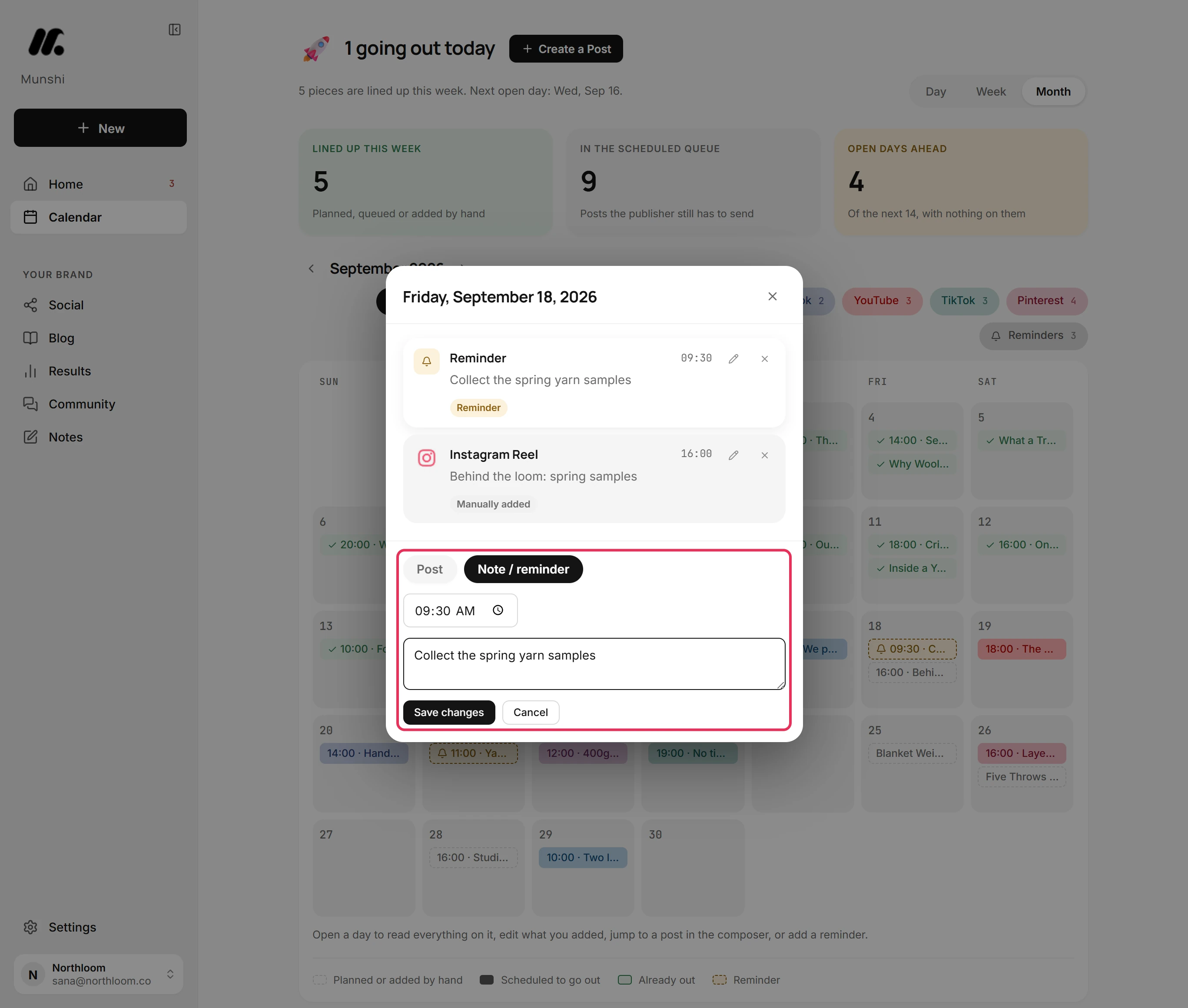 The edit form for the reminder, with Save changes and Cancel under it.