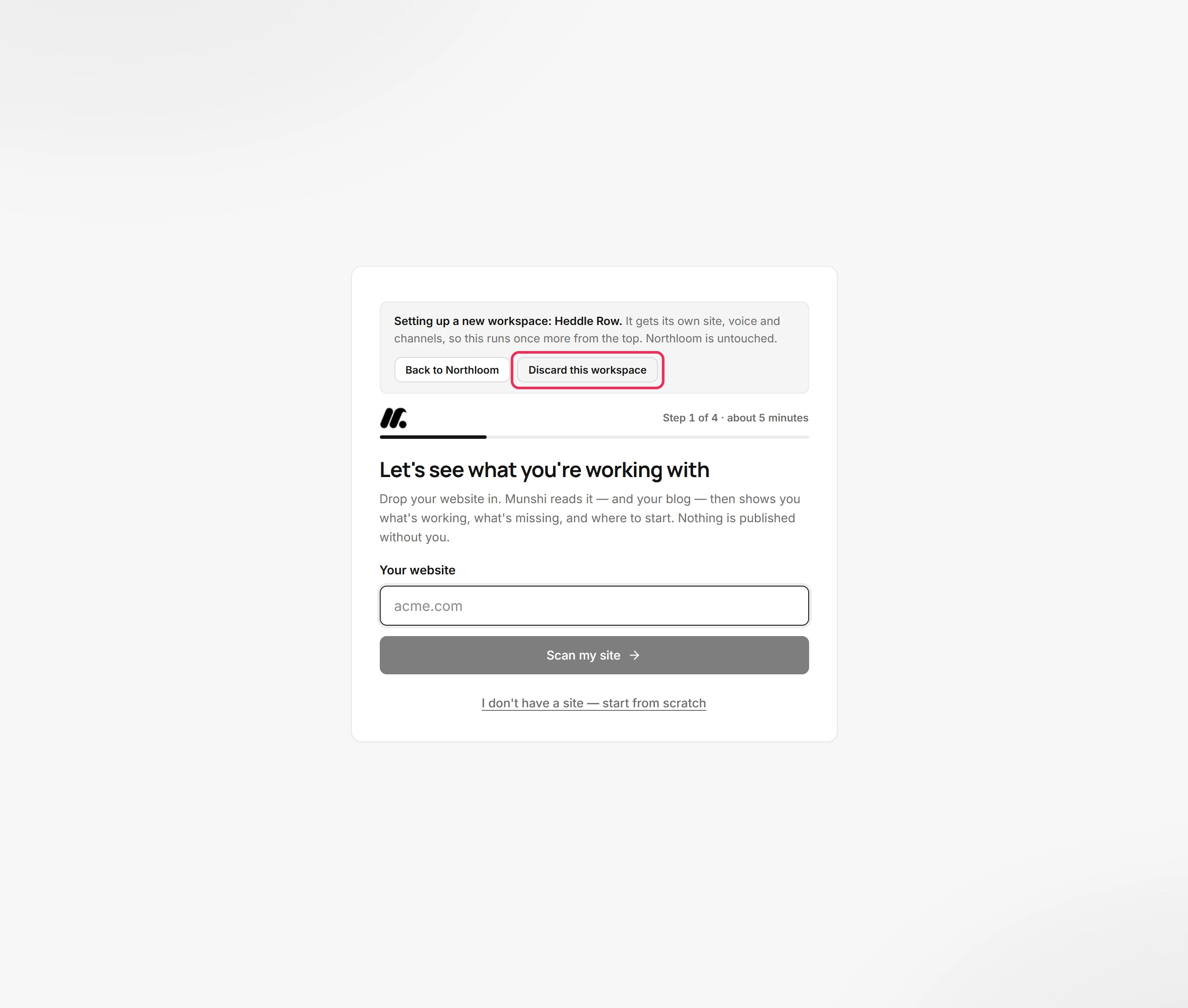 The Discard this workspace button in the note above setup, outlined.