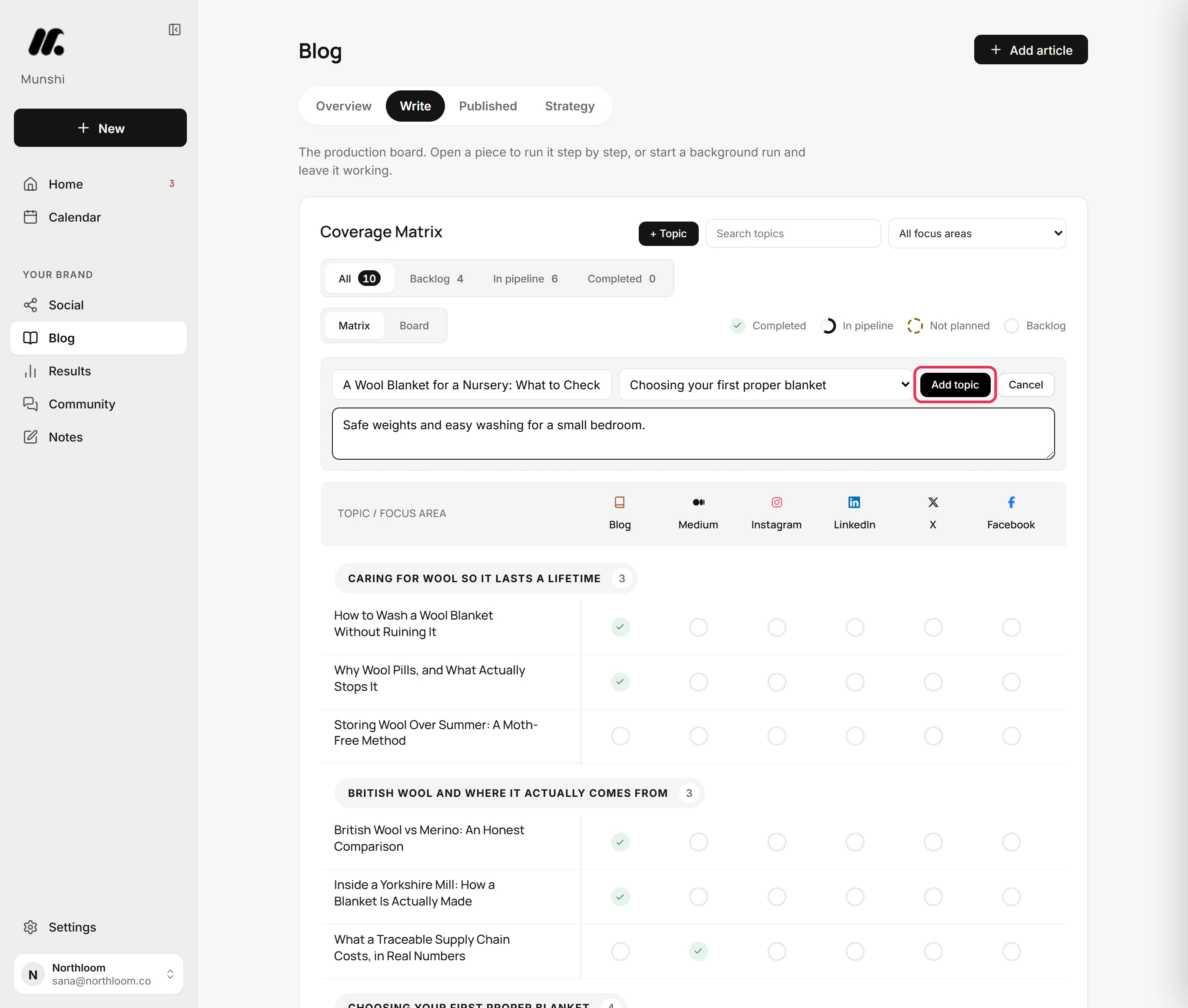 The filled-in form with the Add topic button outlined in red.