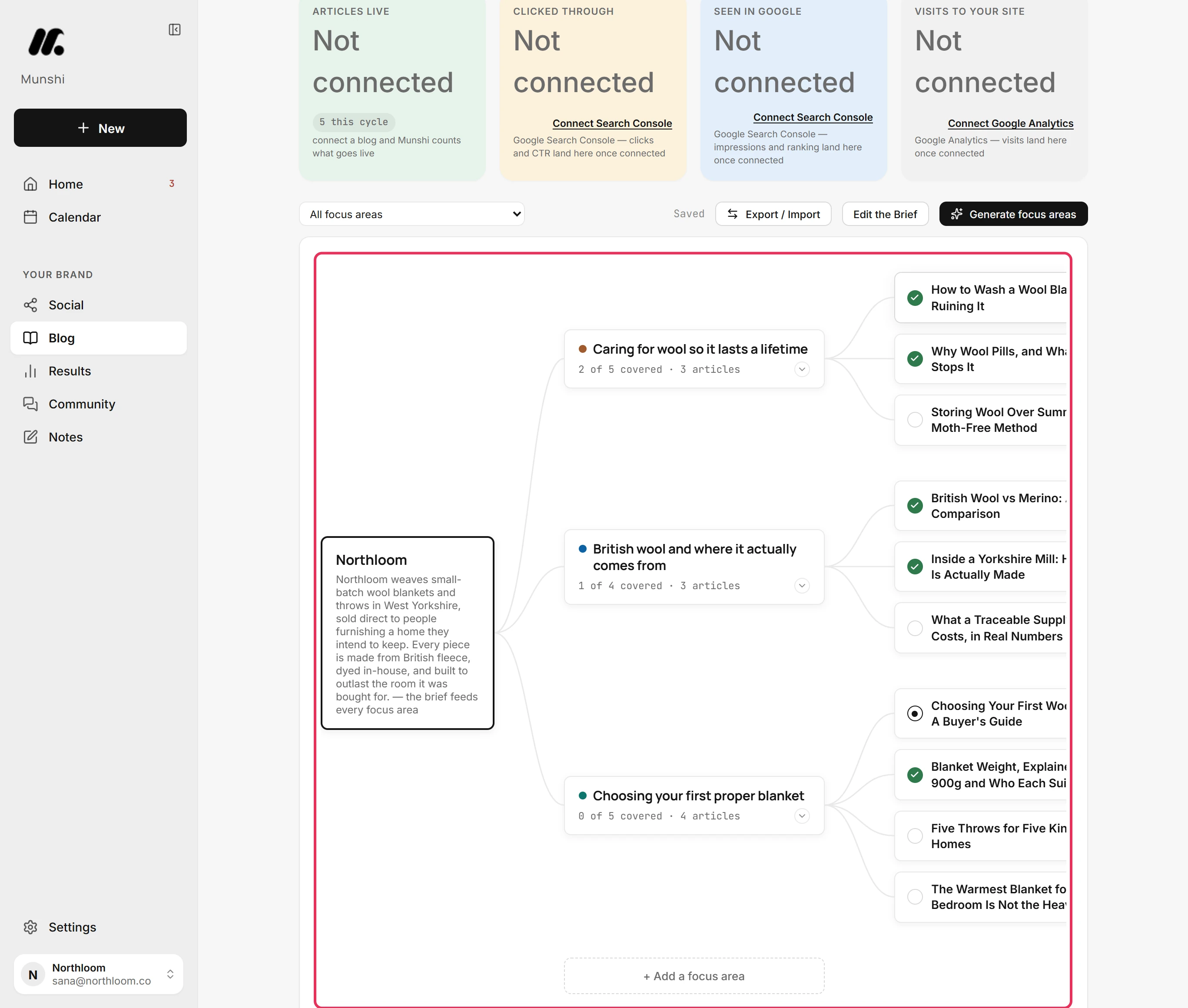 The strategy map with Northloom's brief, three focus areas and the articles under them, outlined.