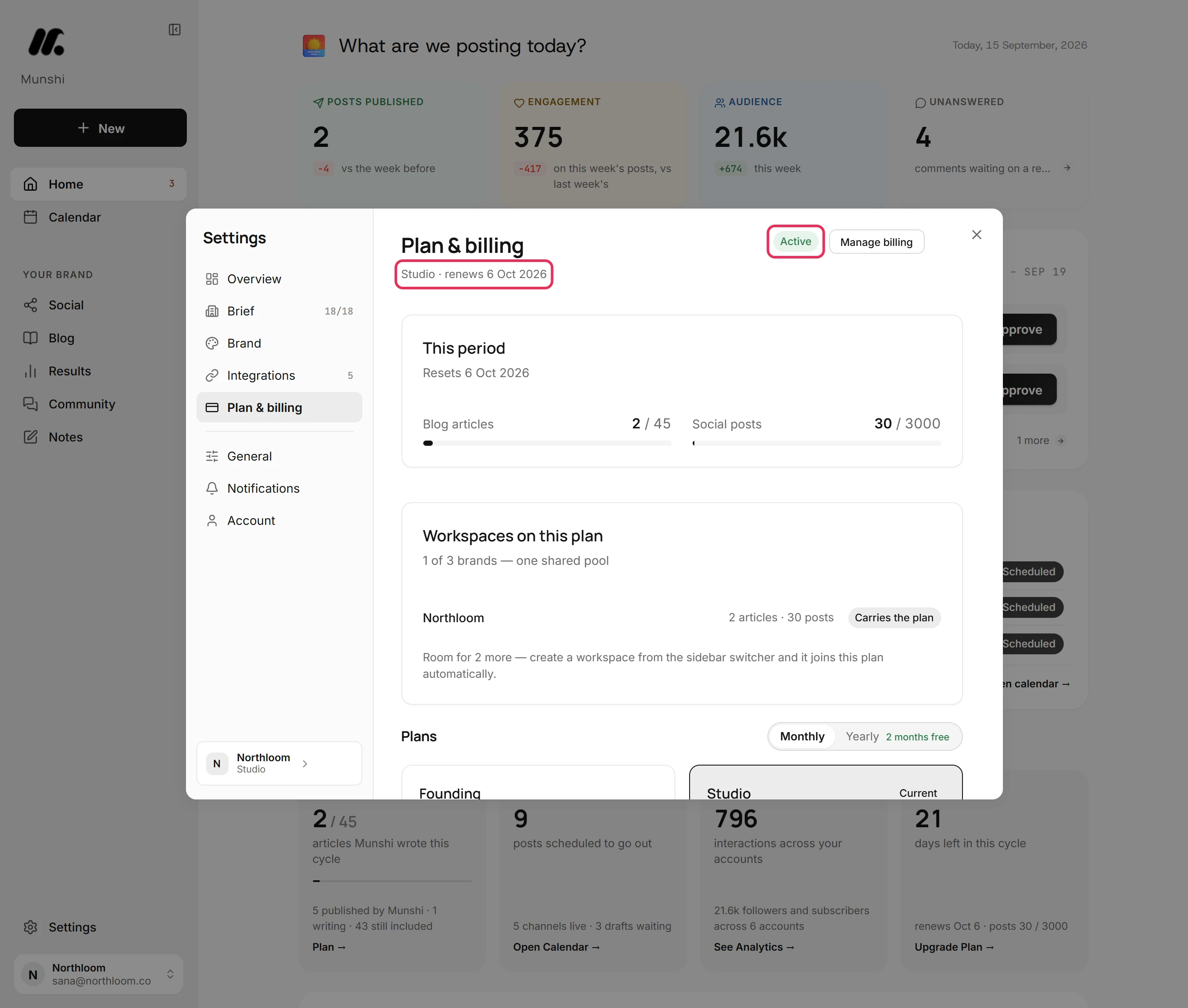 Plan and billing on Studio, with the line reading Studio and its renewal date and the Active badge outlined.