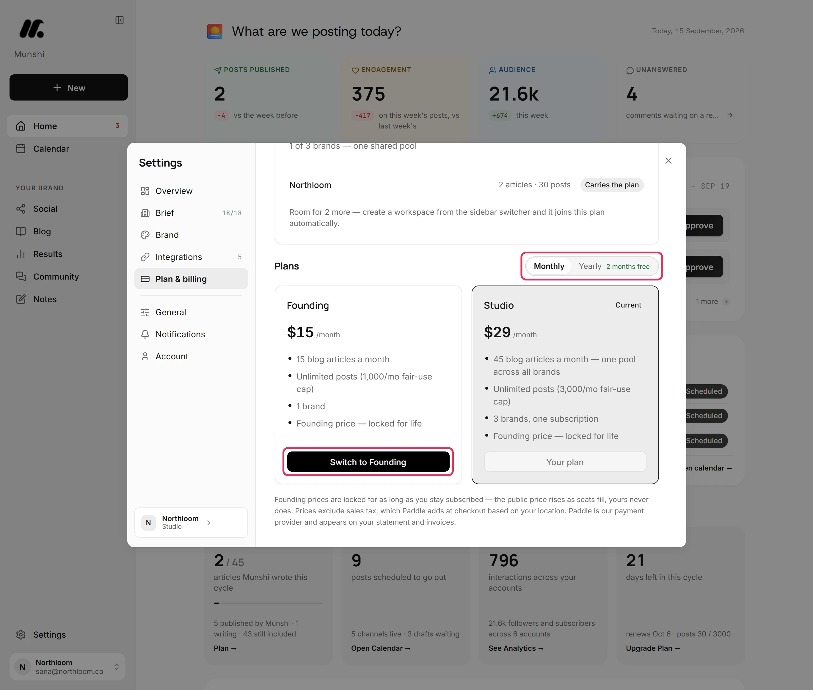 The Plans section with the Monthly and Yearly switch and the Switch to Founding button outlined.