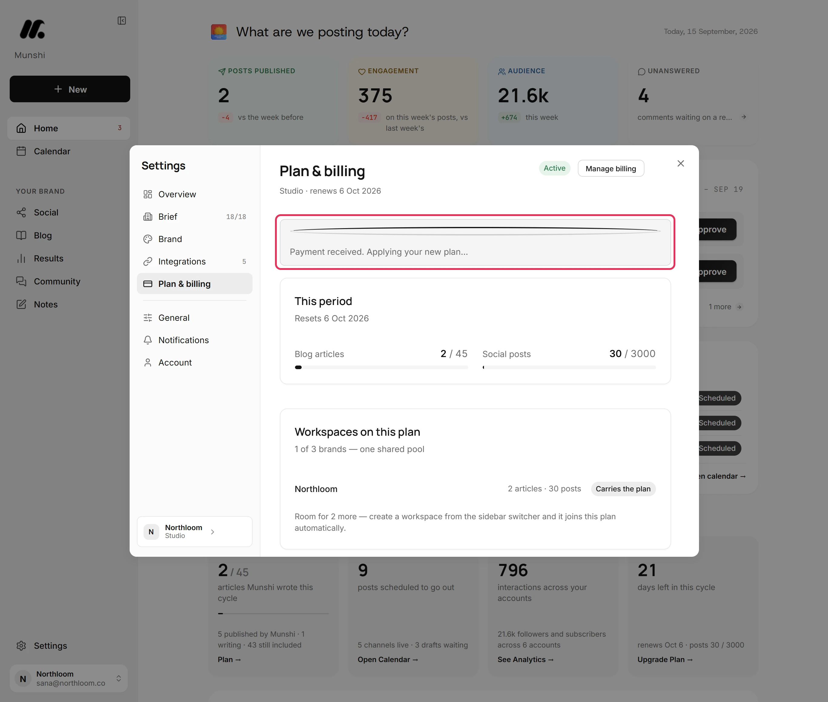 Plan and billing with the banner Payment received. Applying your new plan outlined.