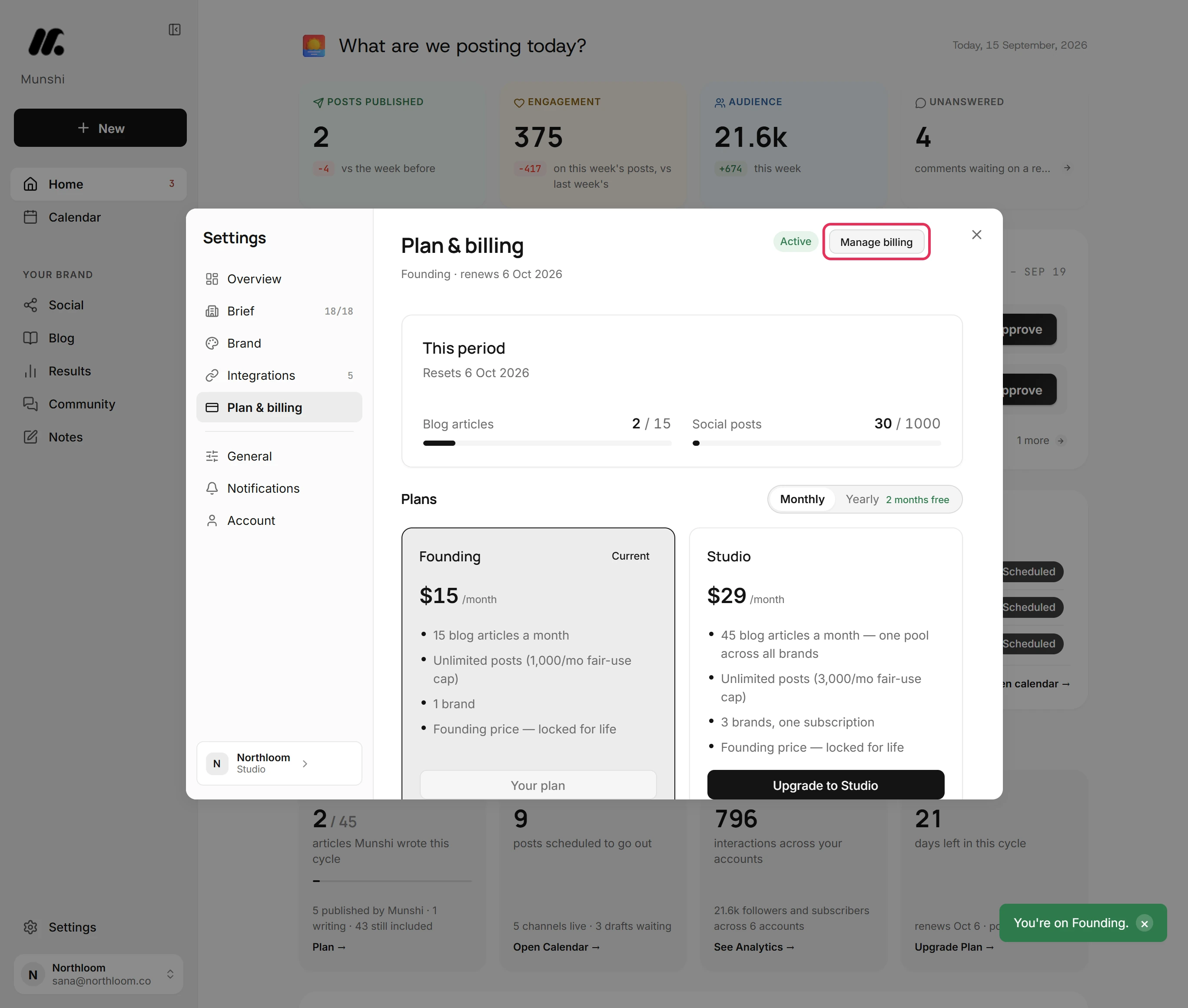 The Manage billing button beside the Active badge outlined.