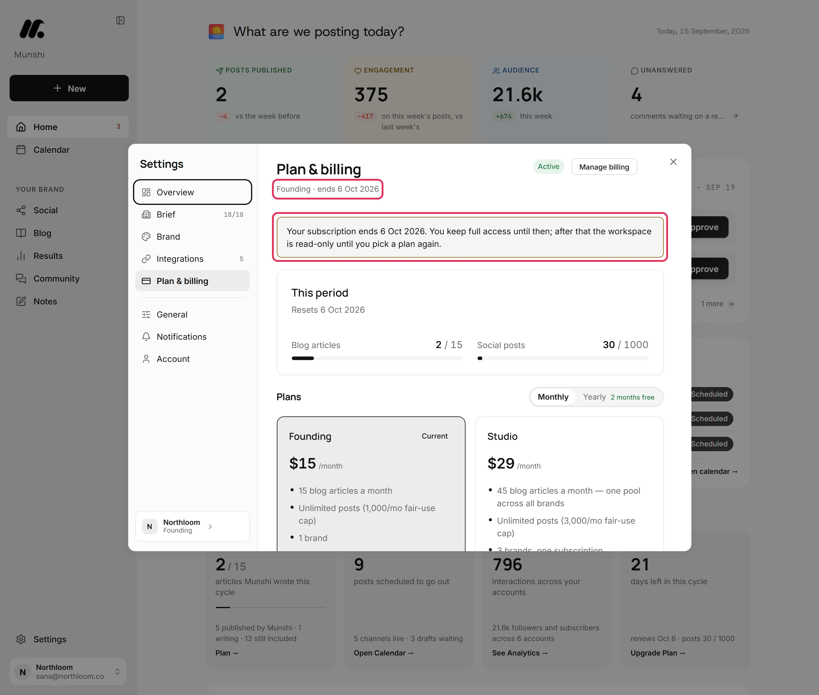 Plan and billing with the line reading Founding, ends and a date, and the banner Your subscription ends, both outlined.