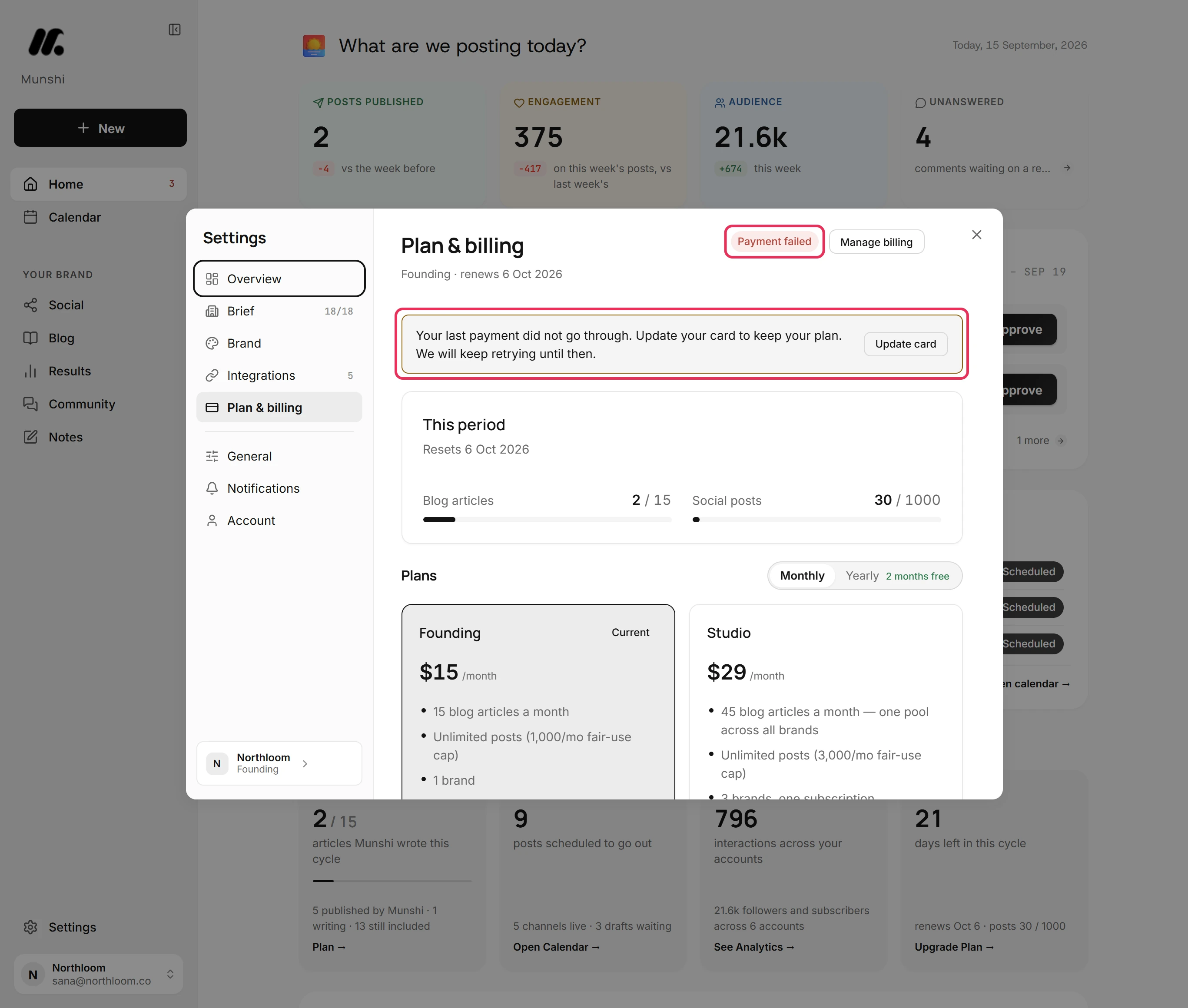 Plan and billing with the Payment failed badge and the banner Your last payment did not go through, with Update card, outlined.