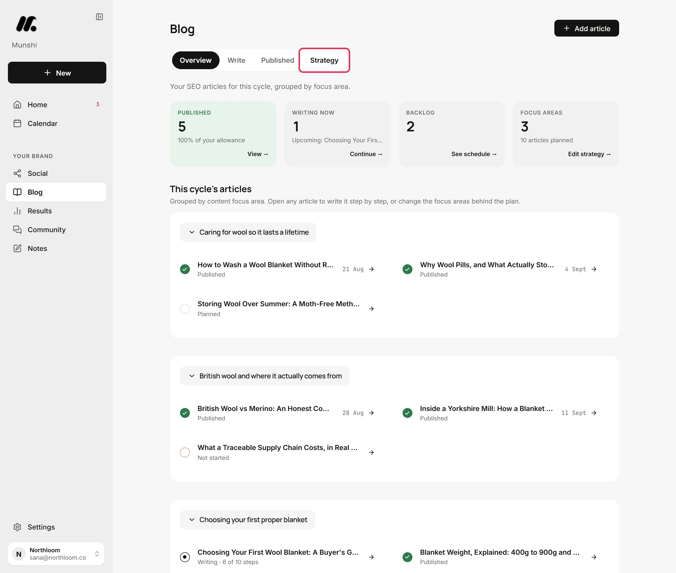 The Blog page with the Strategy tab outlined in red.
