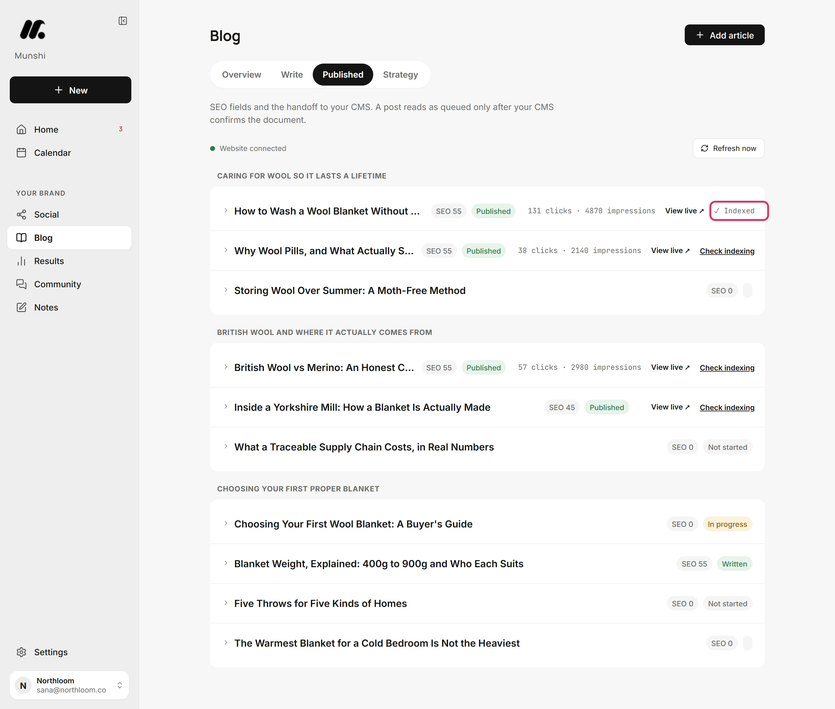 The same row with Indexed where the Check indexing button was.