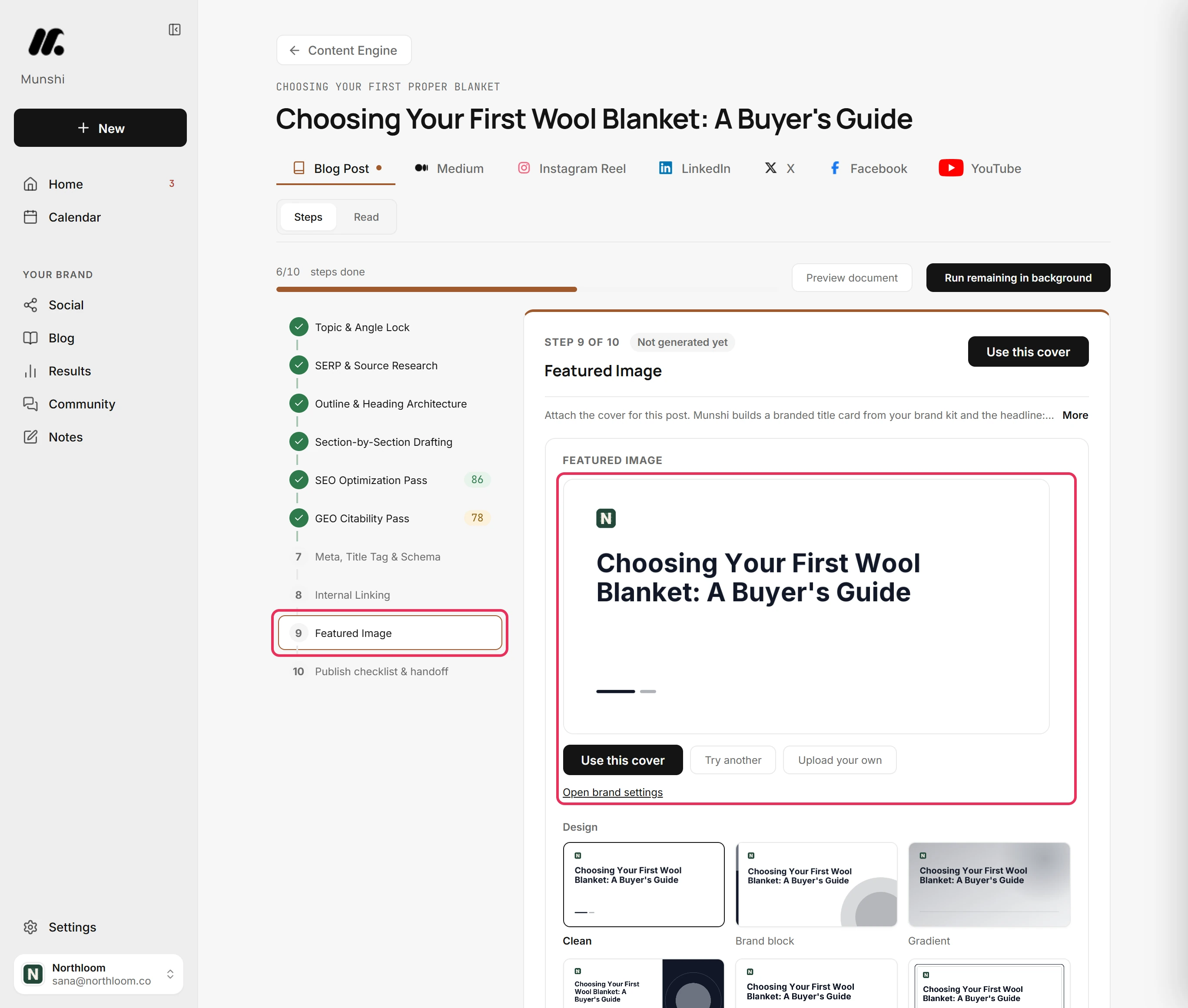 The Featured Image step selected in the list of steps, with a cover preview and its buttons outlined.