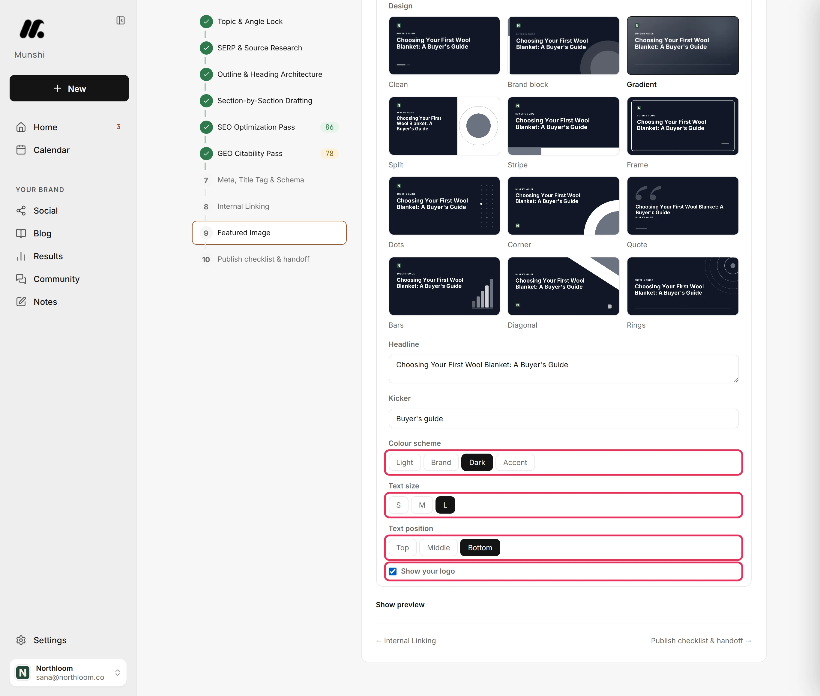 The Colour scheme, Text size and Text position controls set to Dark, L and Bottom, with Show your logo ticked.