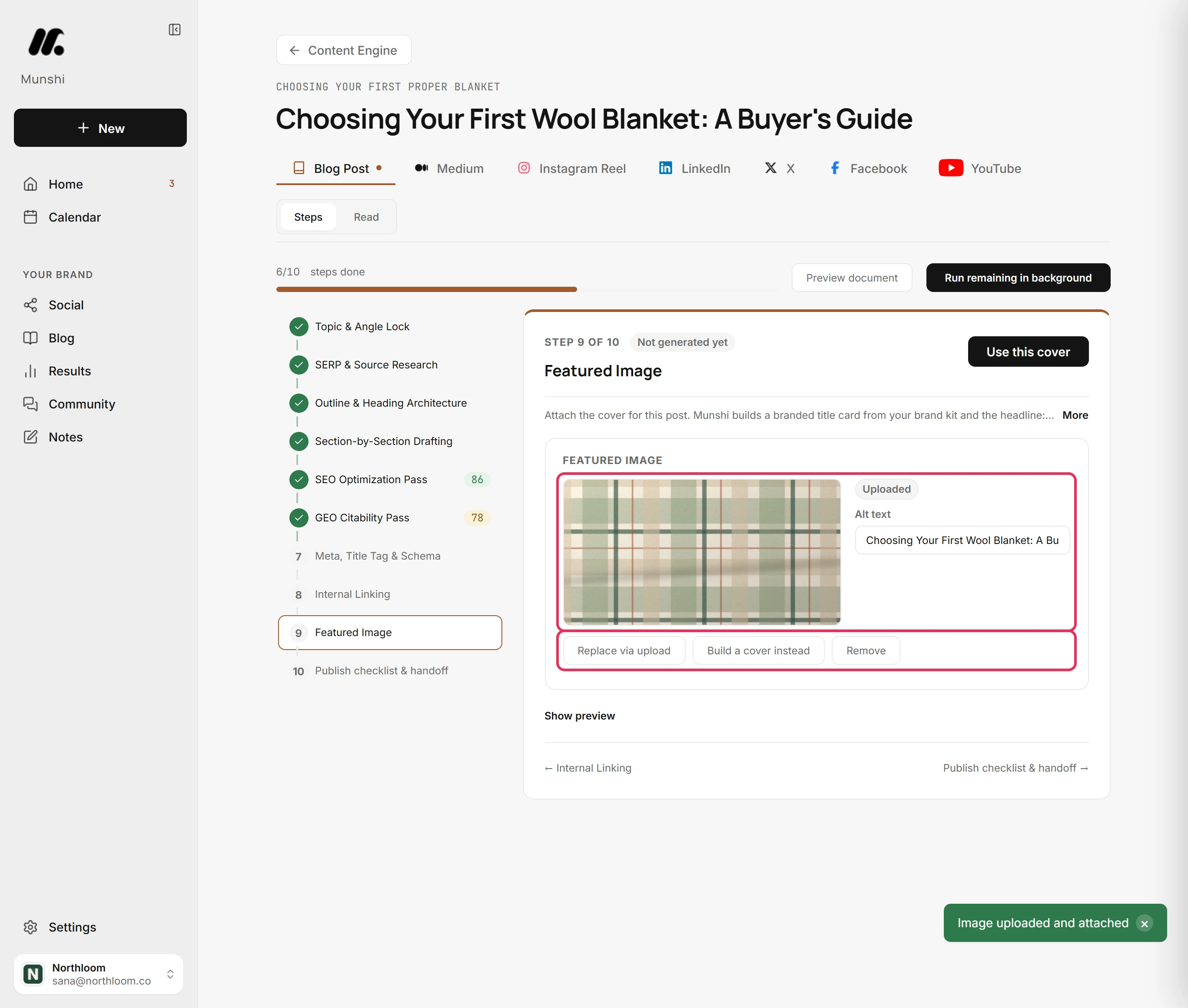 An uploaded picture of a checked wool blanket, tagged Uploaded, with the Replace via upload, Build a cover instead and Remove buttons outlined in red.