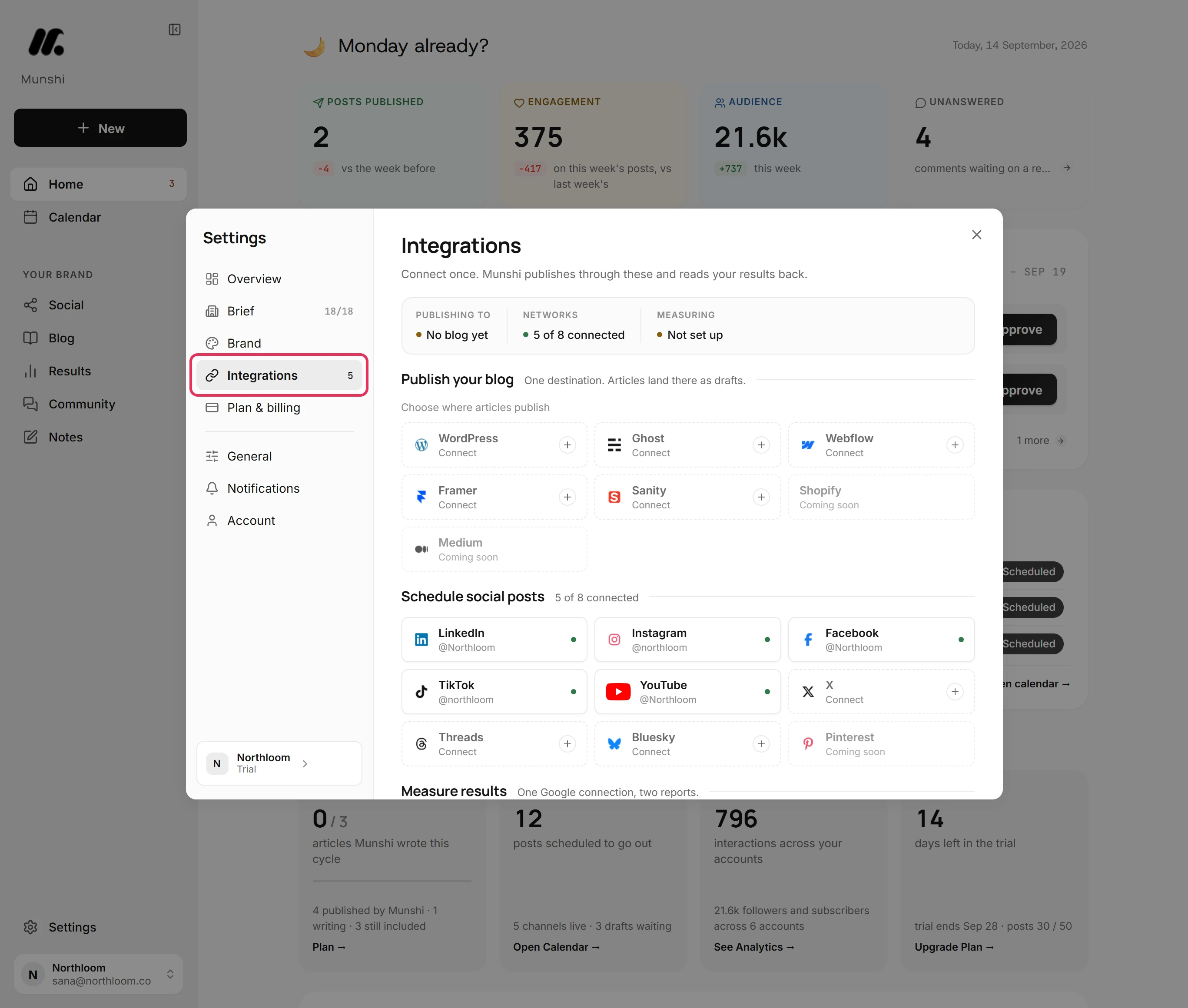 The Settings dialog open on Integrations, with the Integrations tab outlined.