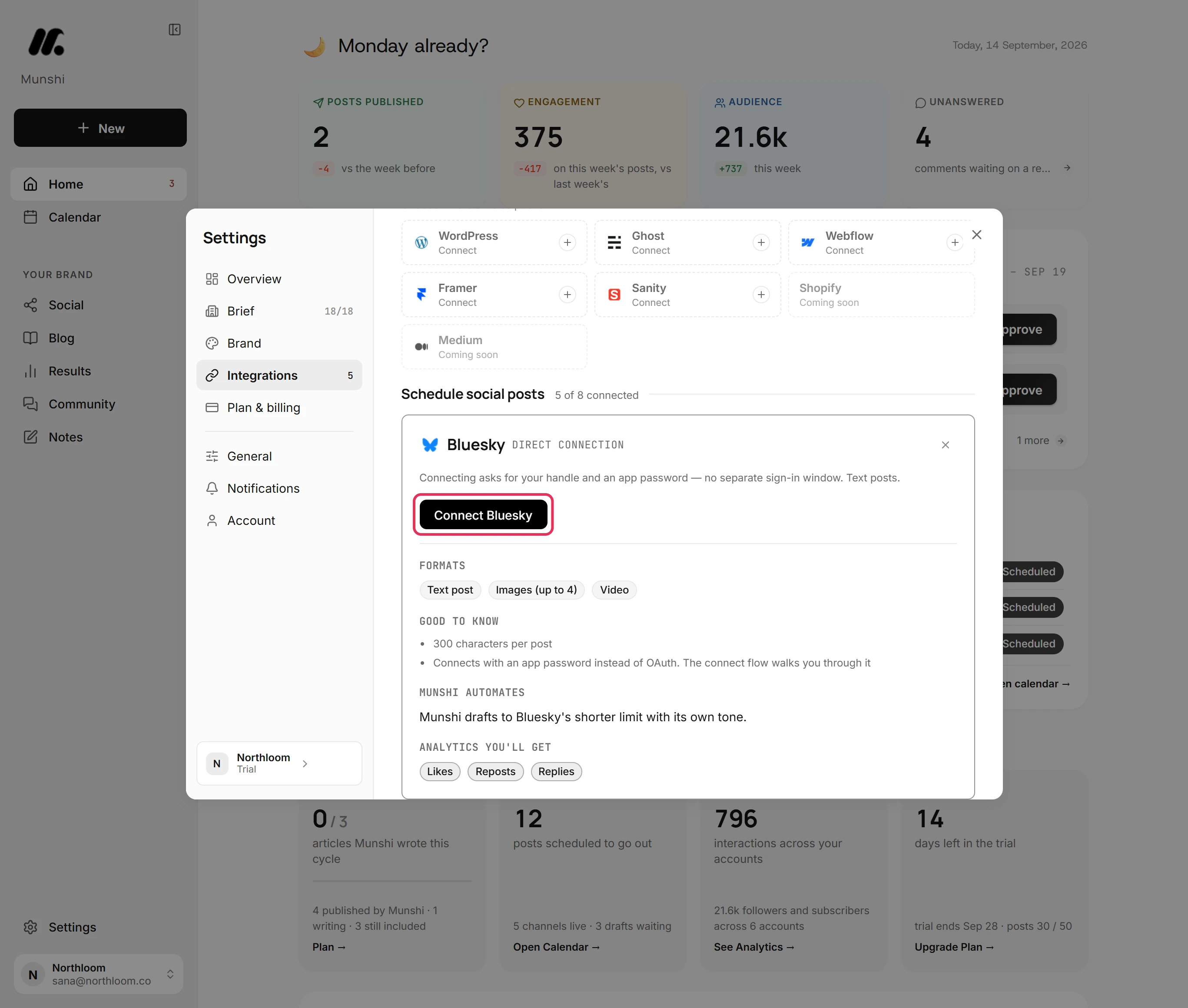 The Bluesky card open in Integrations, with its Connect Bluesky button outlined.