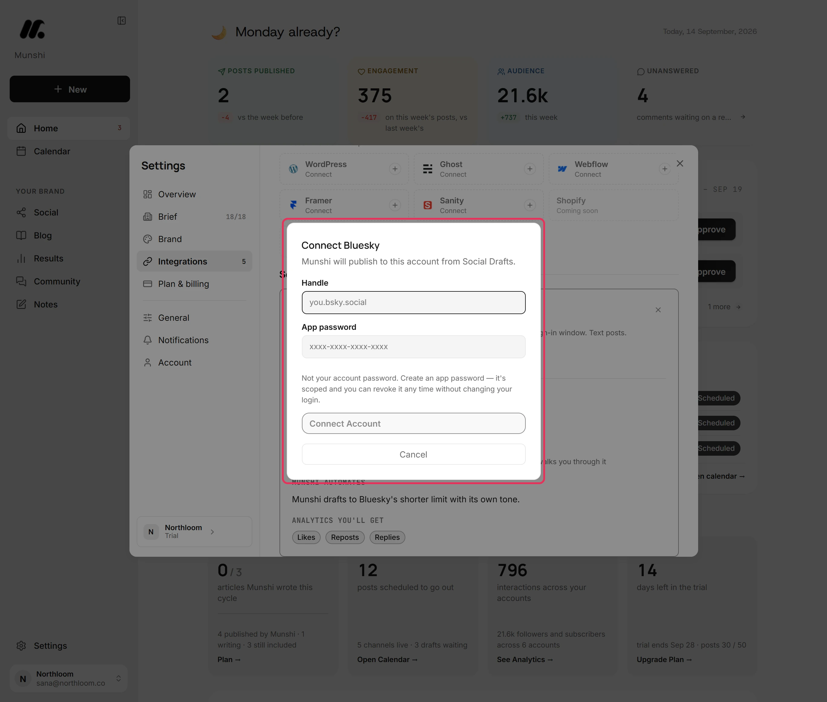 The Connect Bluesky dialog with an empty Handle field and an empty App password field.