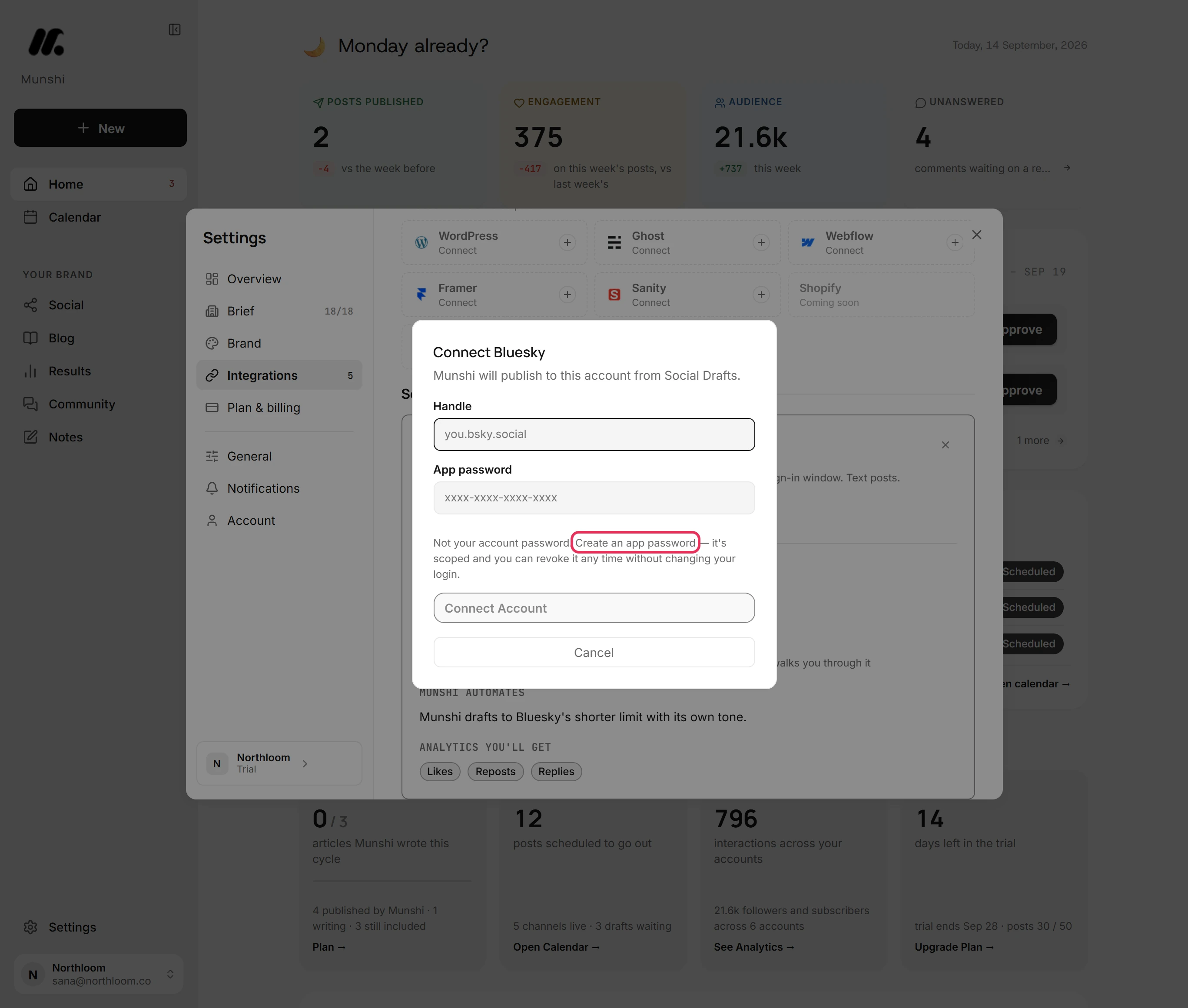 The note under the fields of the Connect Bluesky dialog, with the Create an app password link outlined.