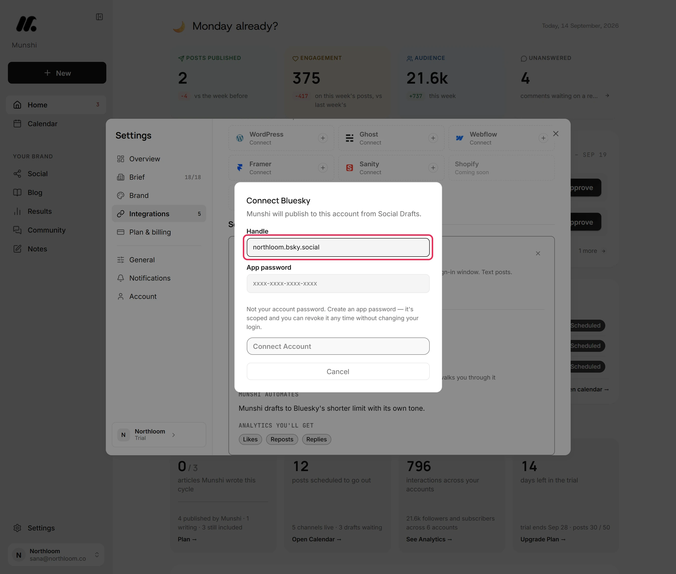 The Handle field of the Connect Bluesky dialog with northloom.bsky.social typed in.