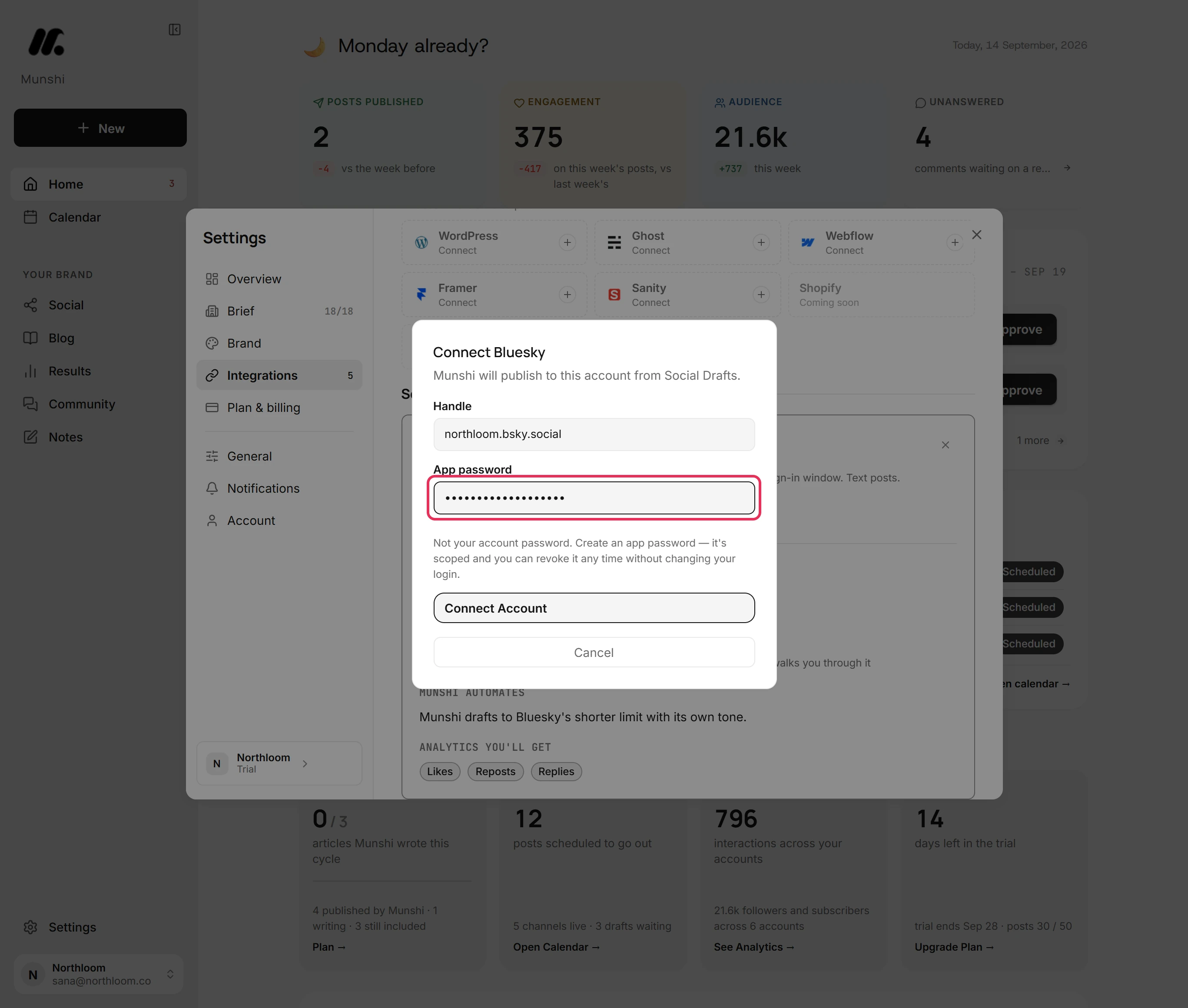The App password field filled in, shown as dots, with the Connect Account button below it.