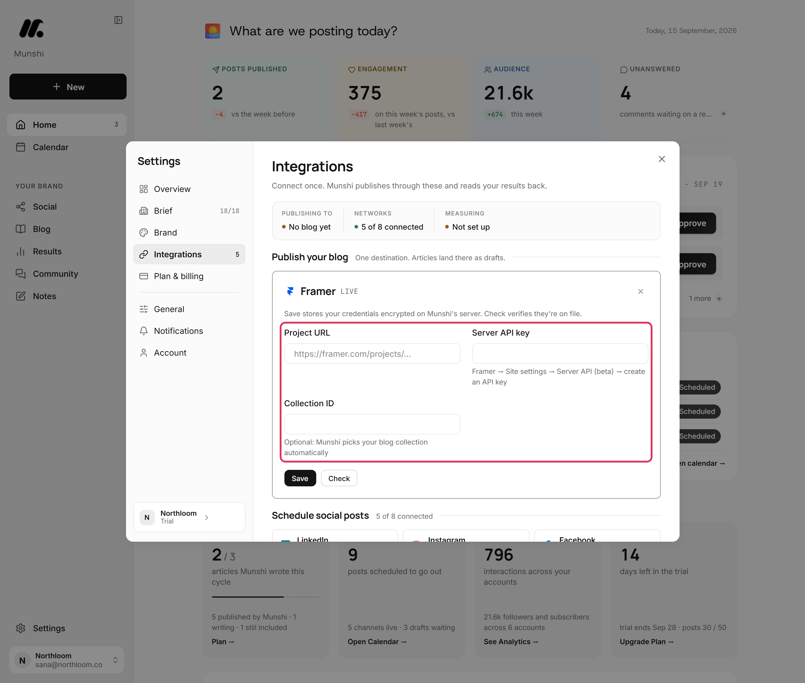 The Framer card open, with its Project URL, Server API key and Collection ID fields outlined.