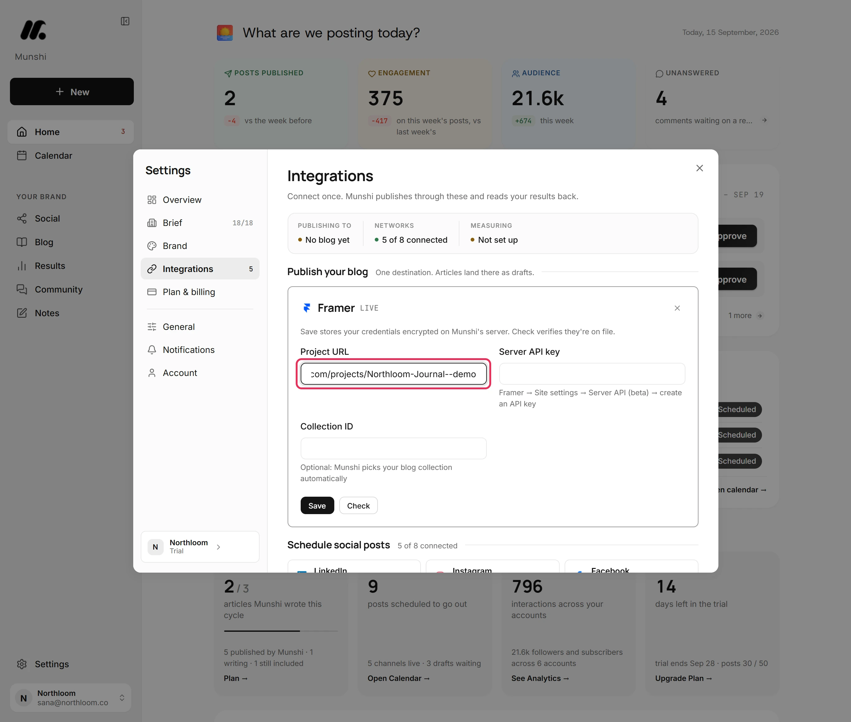 The Project URL field with a framer.com projects address pasted in, outlined.