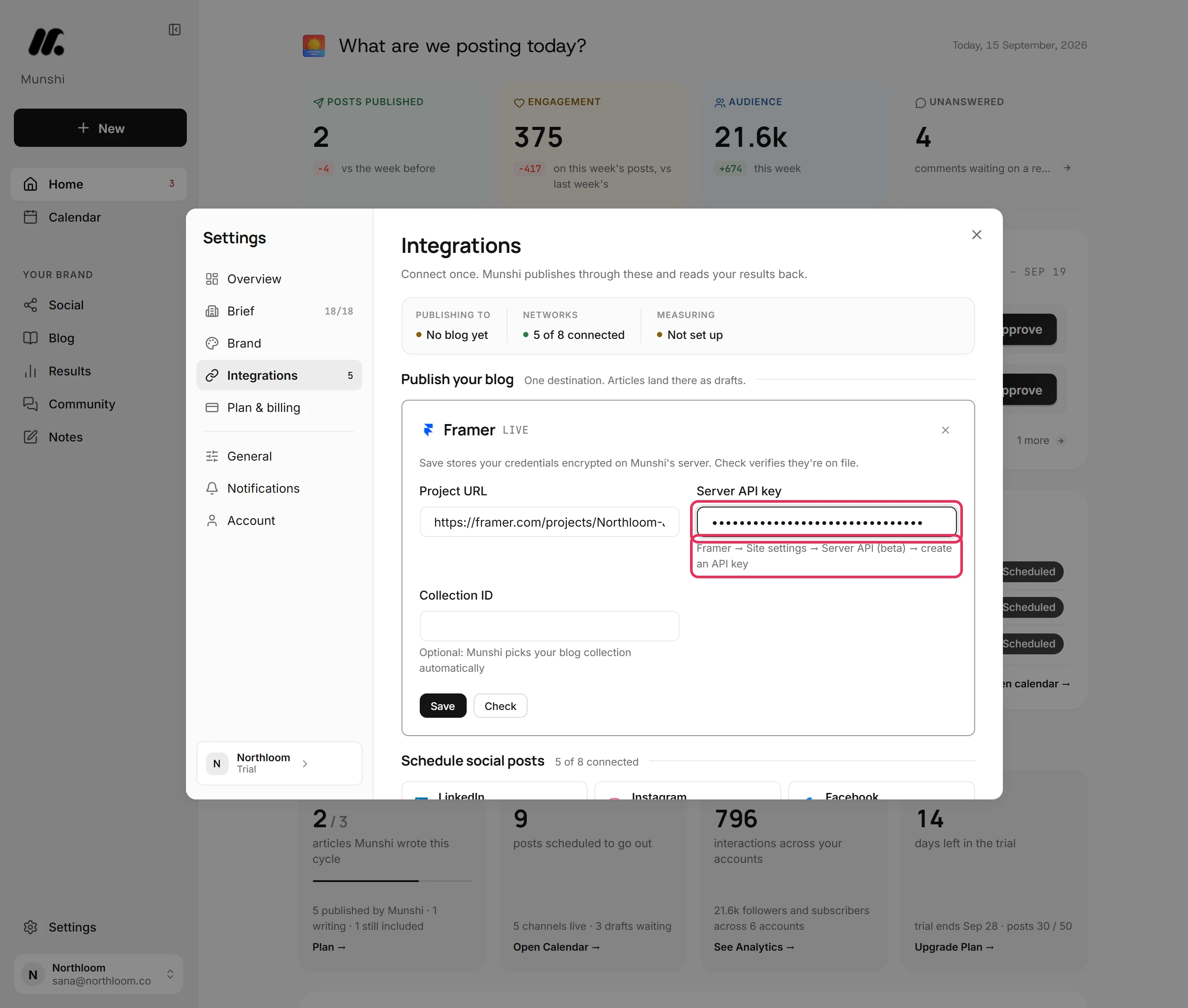 The help under Server API key, reading Framer, Site settings, Server API (beta), create an API key, and the filled-in key field, outlined.