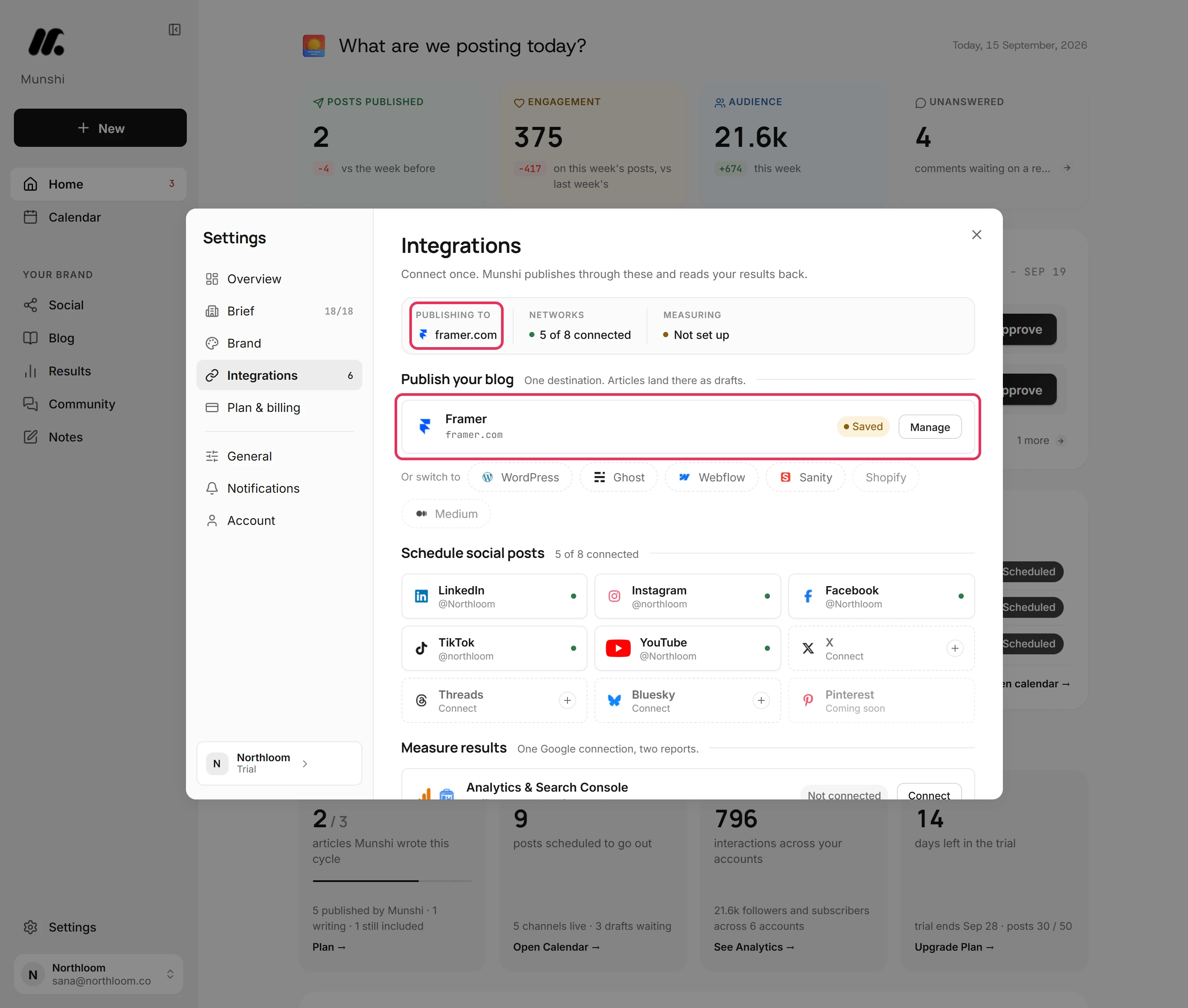 Integrations with Publishing to and the Framer destination row outlined.