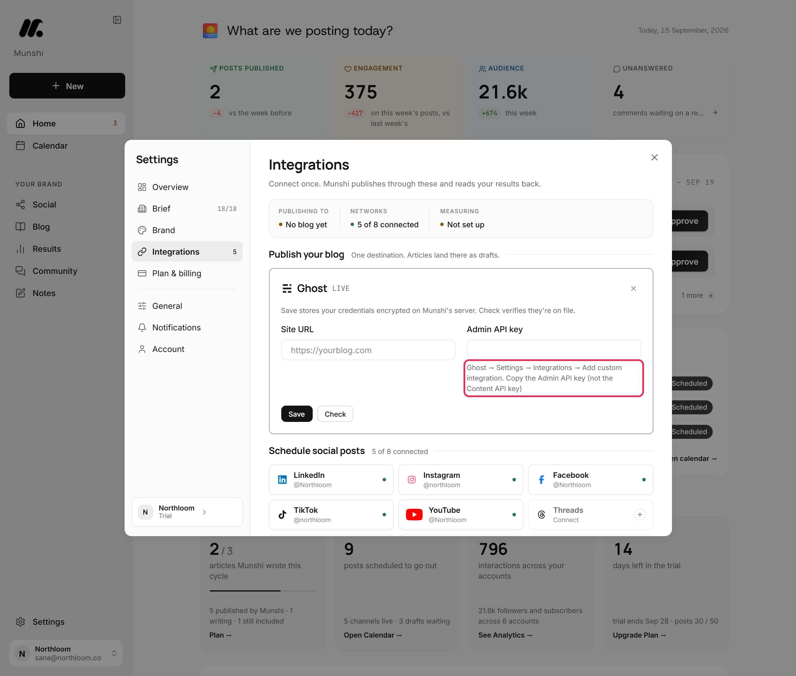 The help under the Admin API key field, naming Settings, Integrations and Add custom integration, outlined.