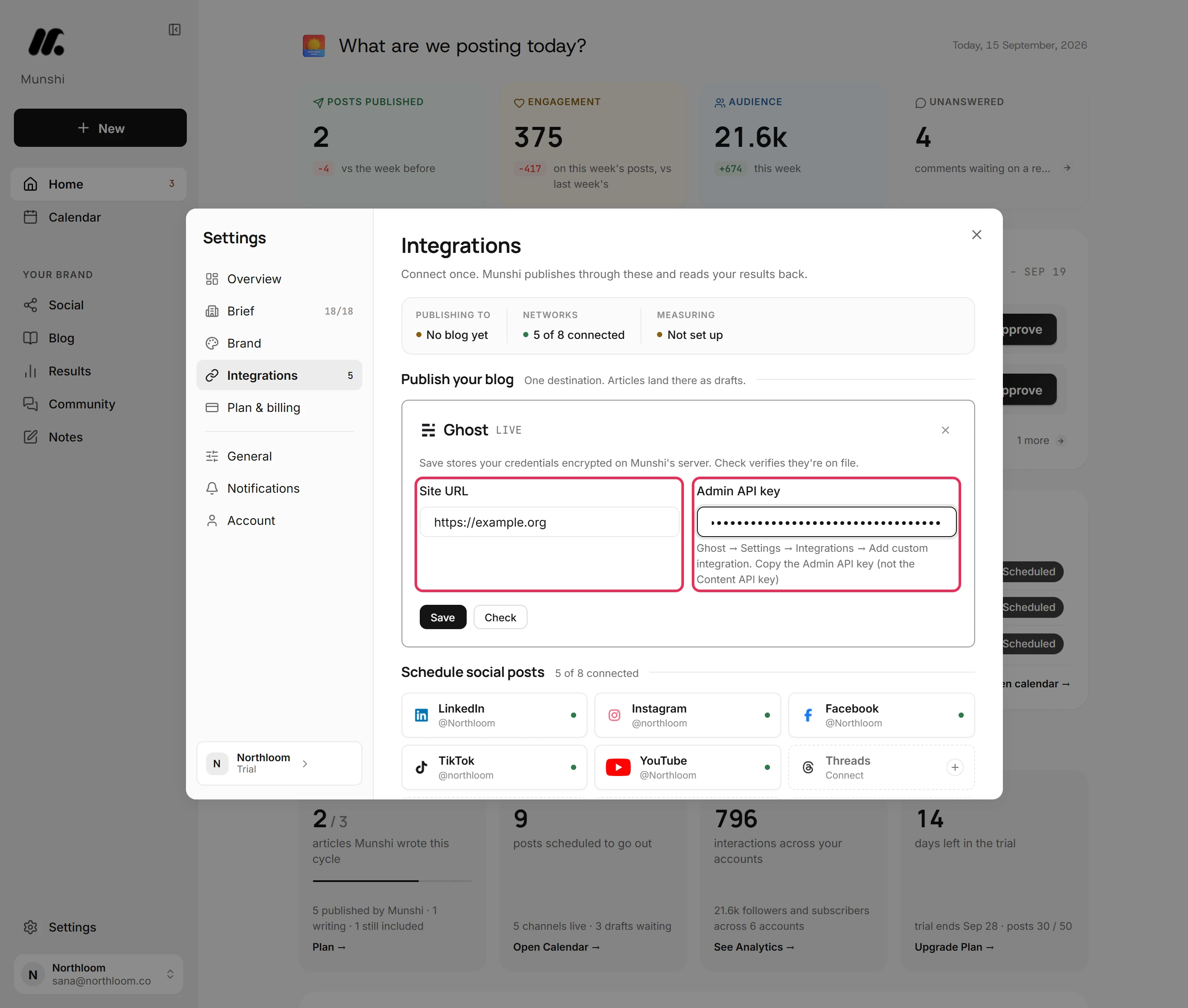 The Site URL field filled in and the Admin API key pasted, outlined.