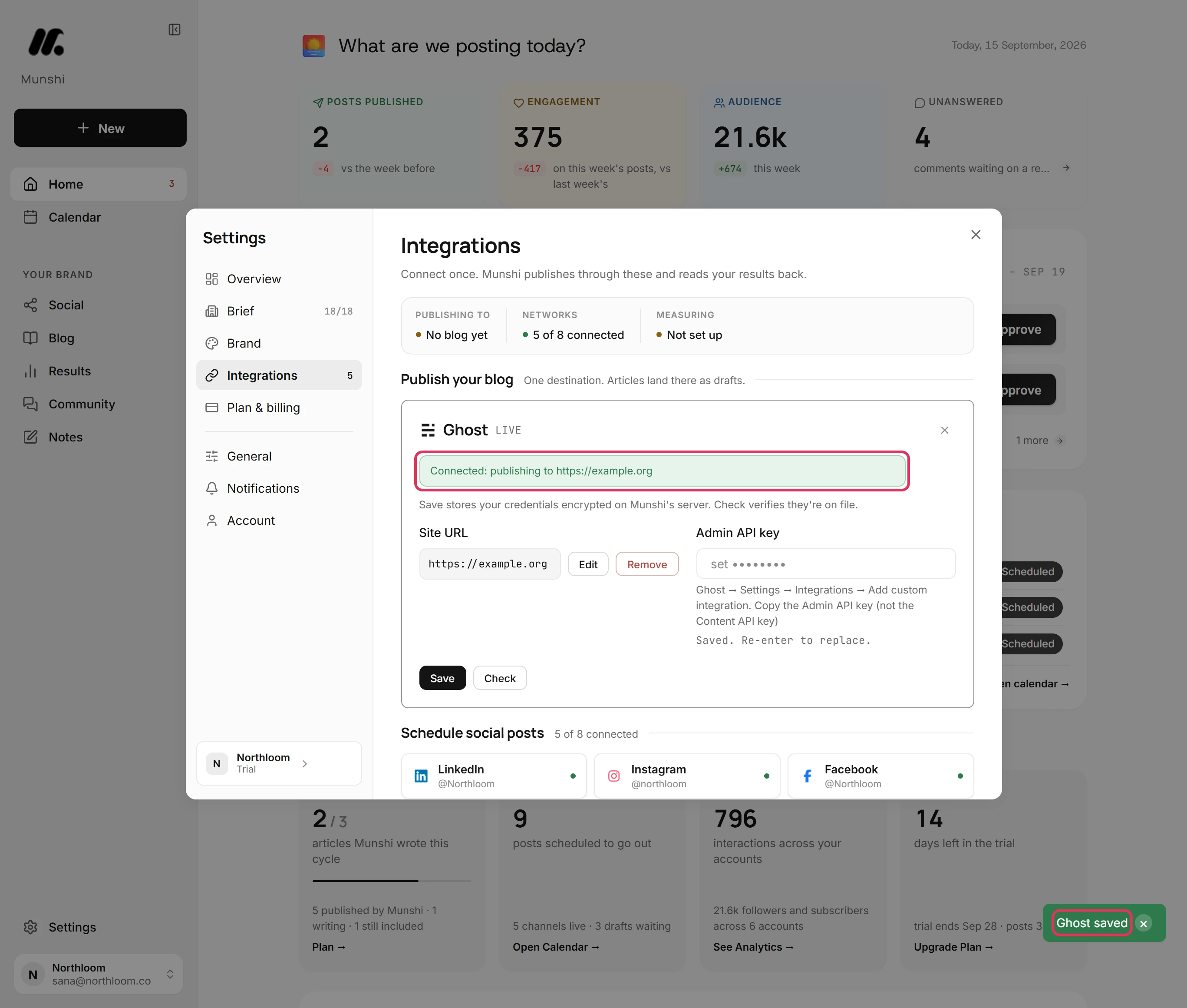 The Ghost card reading Connected: publishing to the site, with the Ghost saved confirmation, outlined.