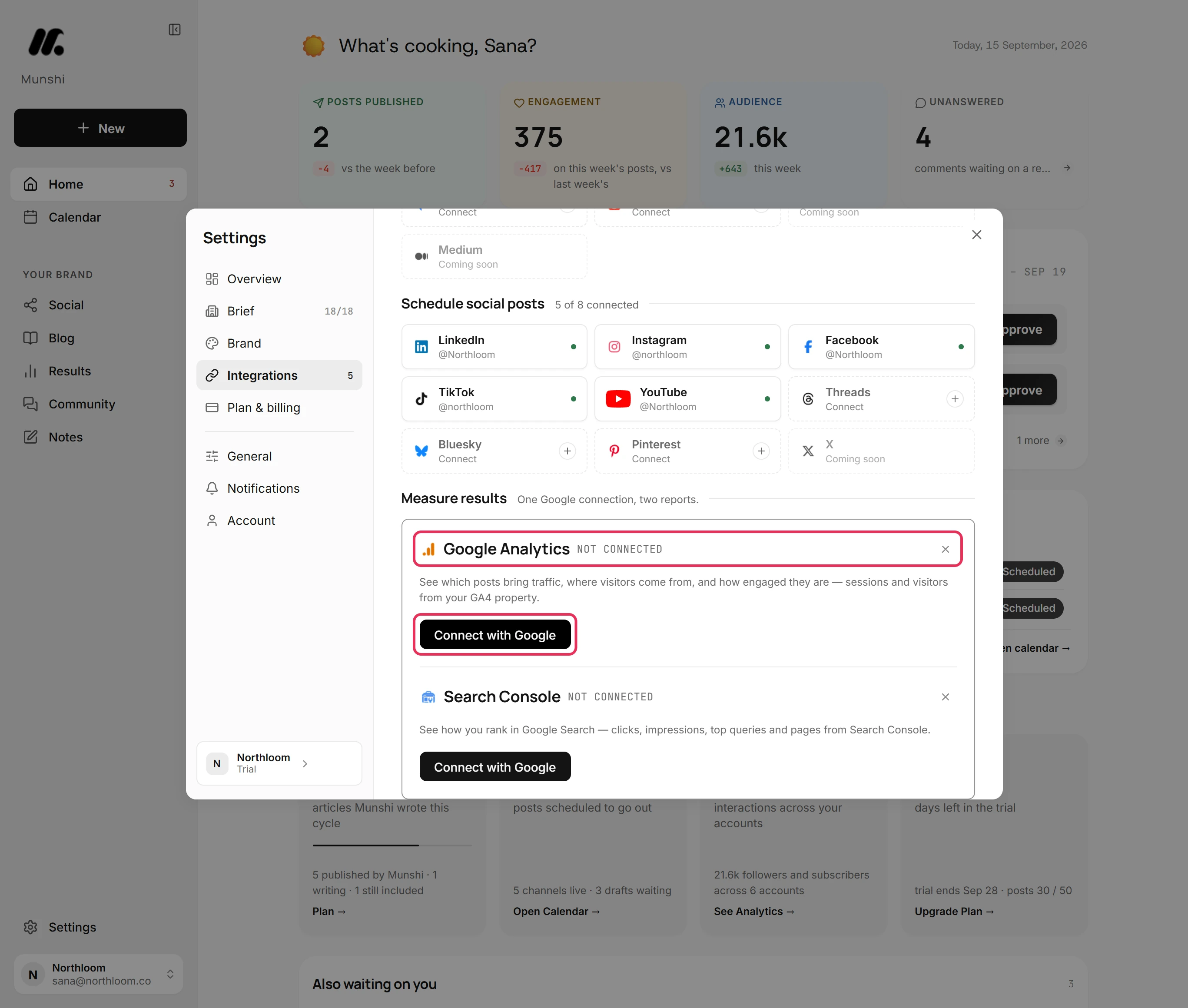 The Google Analytics and Search Console panels, both Not connected, with Google Analytics and its Connect with Google button outlined.