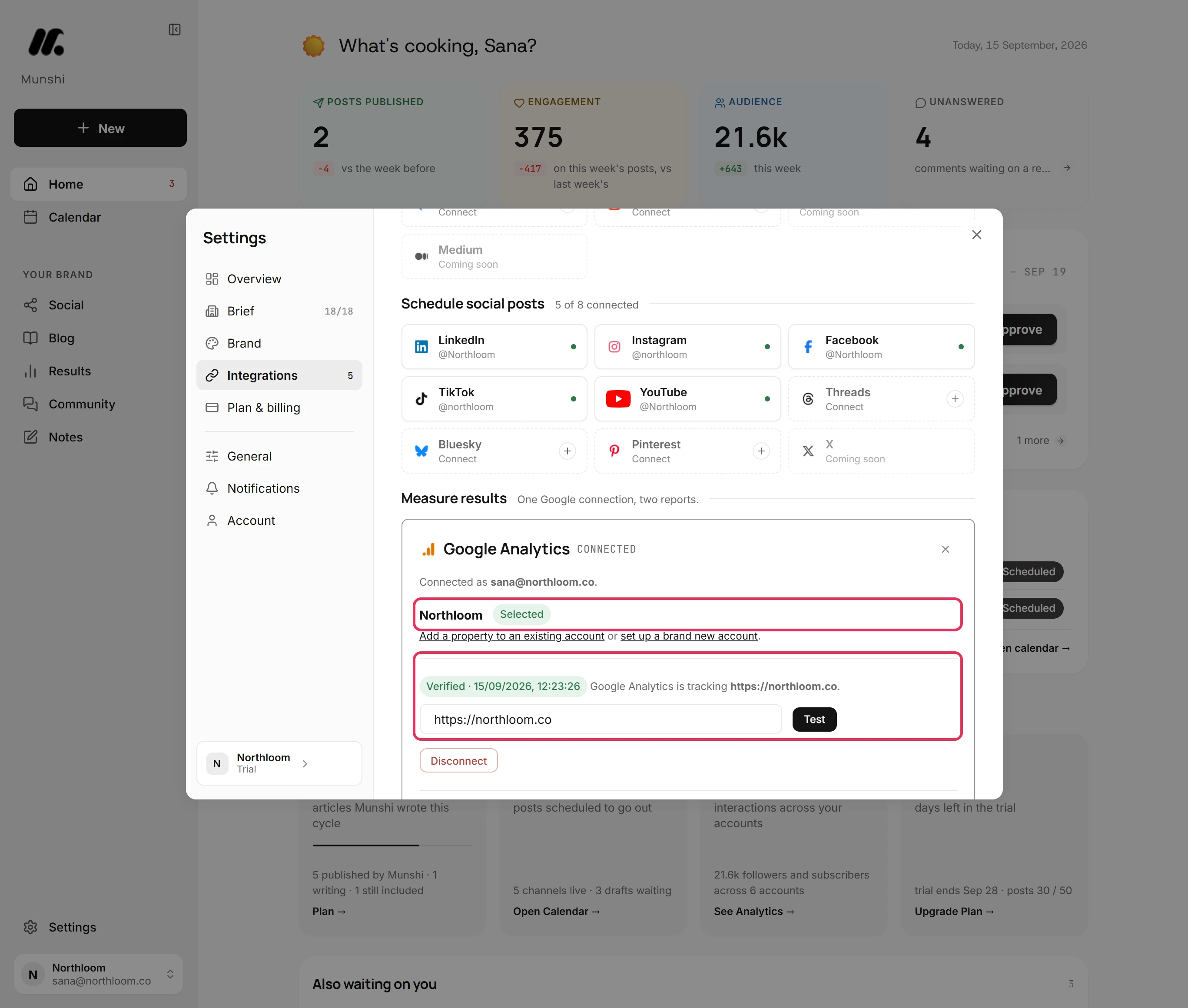 The Northloom property marked Selected, above the Verified badge and Google Analytics is tracking https://northloom.co.