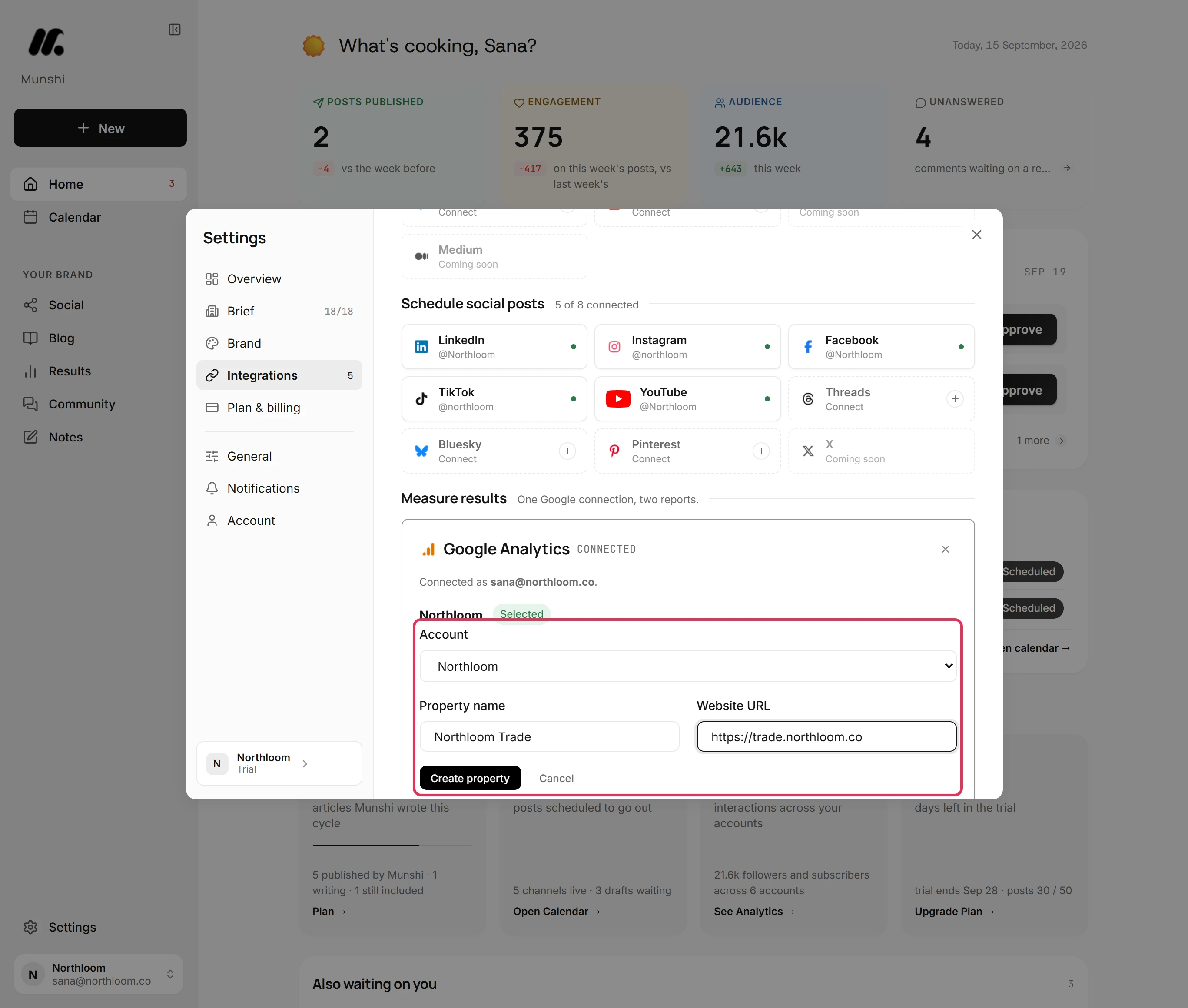 The Add a property form with Account, Property name and Website URL filled in, above Create property and Cancel.