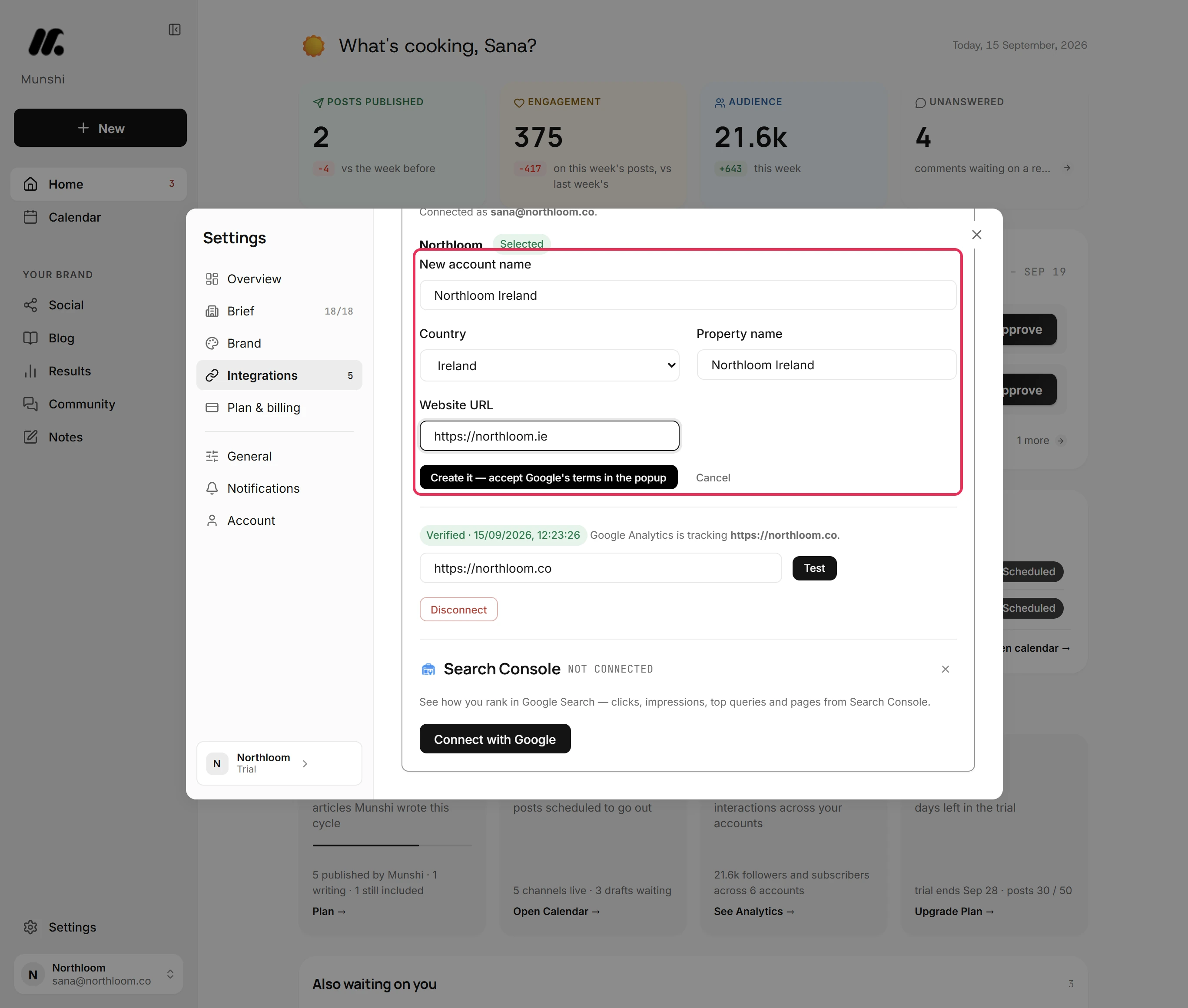 The new account form filled in for Northloom Ireland, ending in the Create it button and Cancel.
