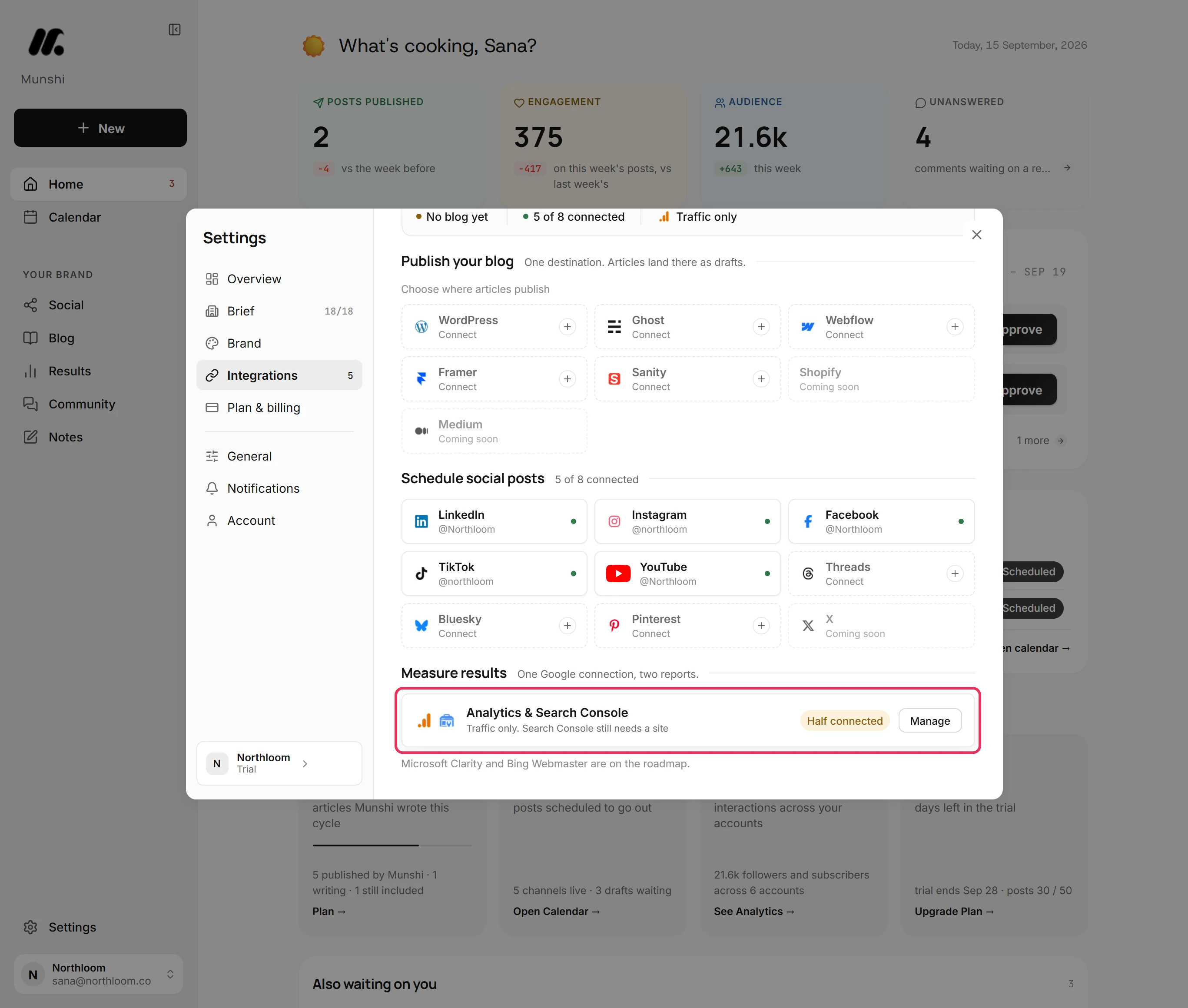 The Analytics & Search Console row reading Traffic only. Search Console still needs a site, and Half connected.