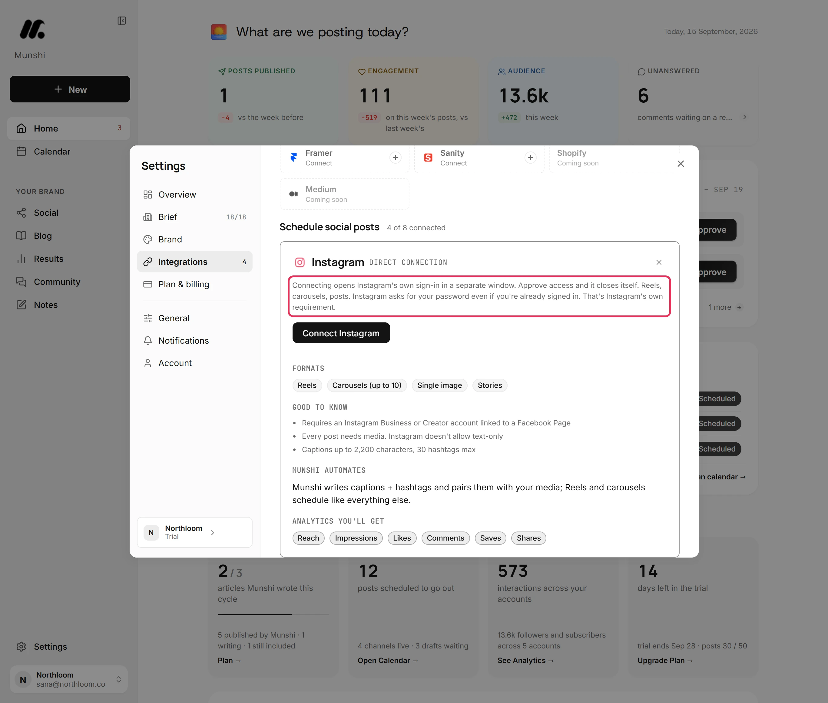 The Instagram card in Integrations, with its note about Instagram's sign-in window outlined.