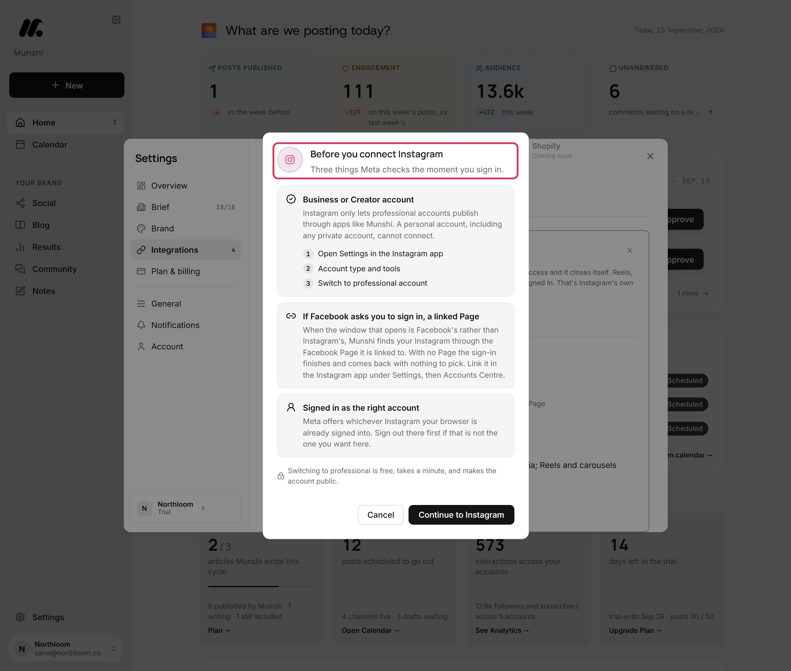 The Before you connect Instagram dialog over Integrations, with its heading outlined.