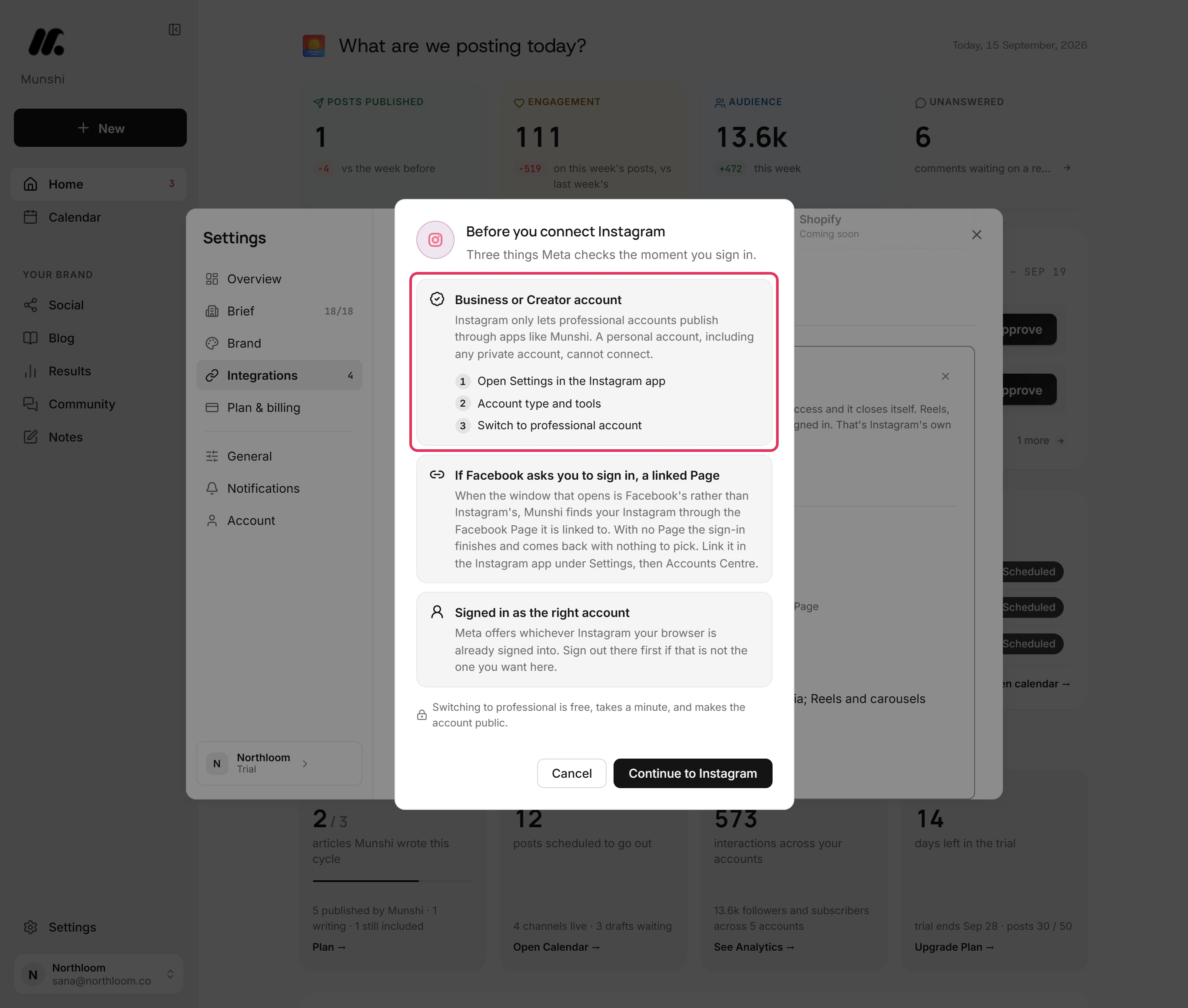 The Business or Creator account item of the dialog, with its three steps to switch, outlined.