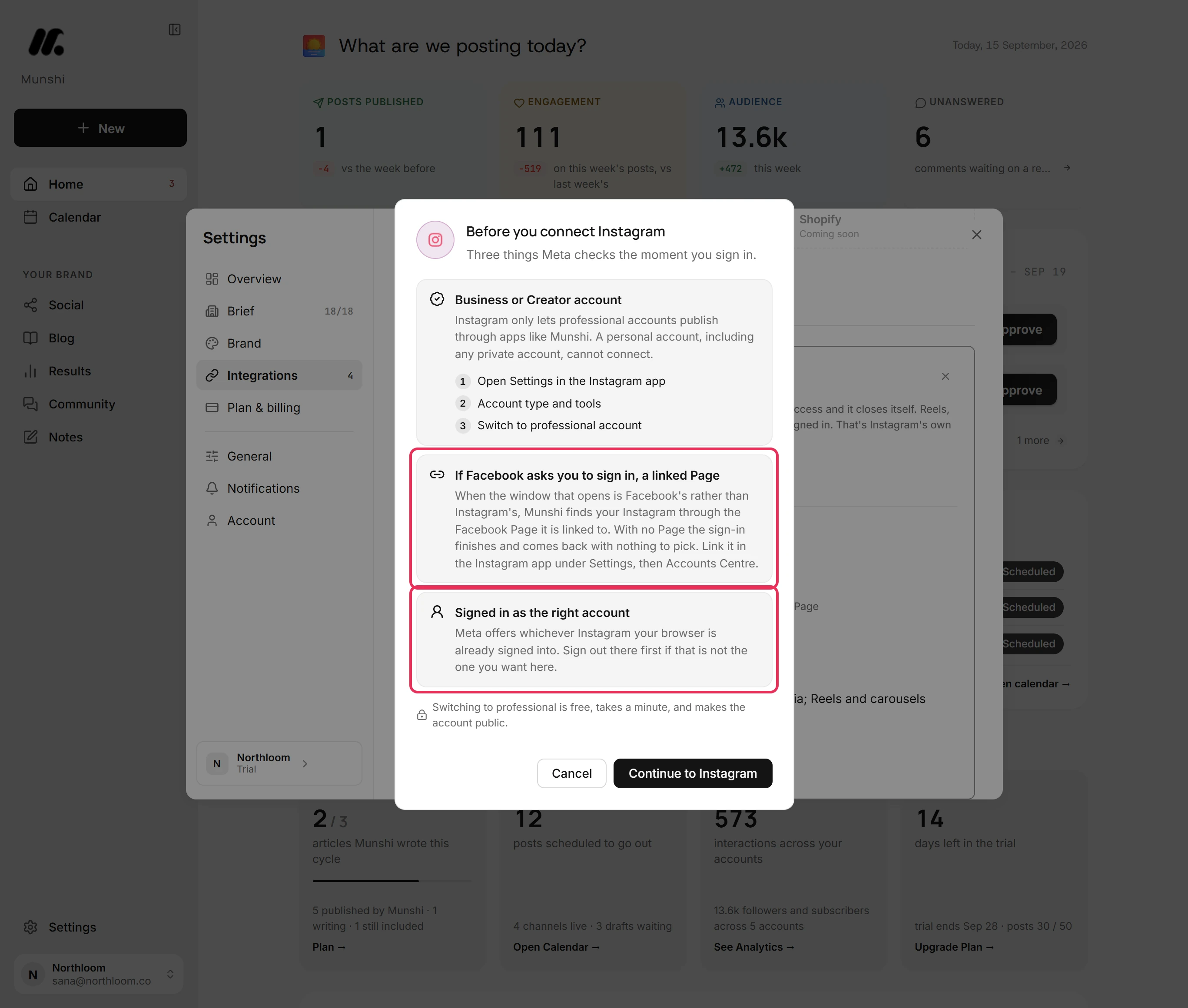 The linked Page and the signed-in account items of the dialog, outlined.
