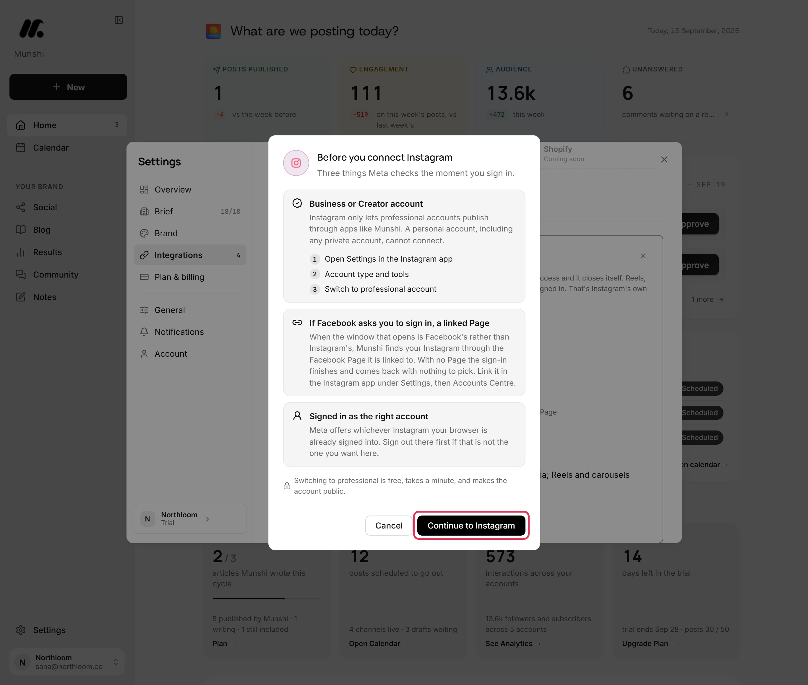 The Continue to Instagram button at the bottom of the dialog, outlined.