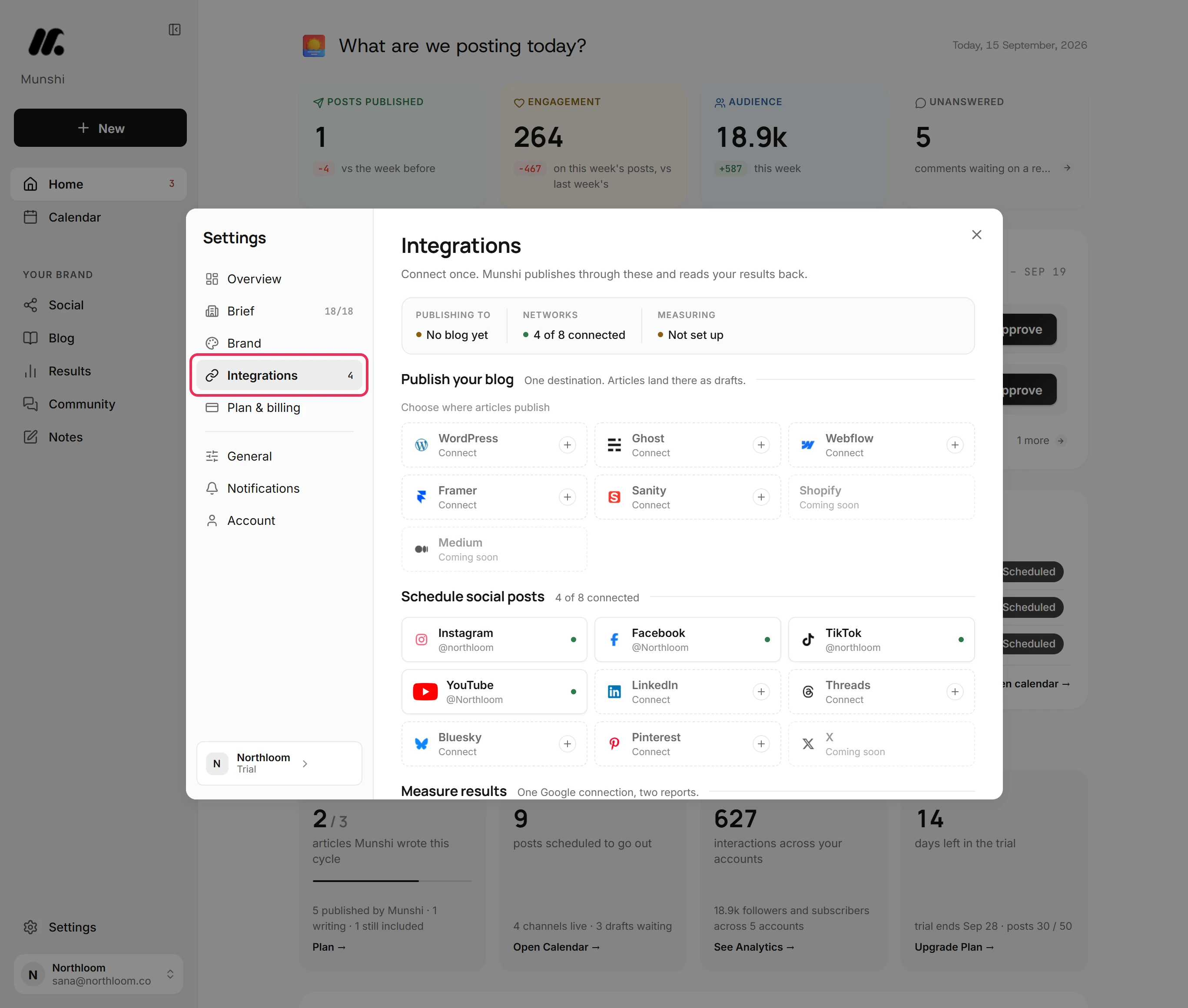 The Settings dialog open on Integrations, with the Integrations tab outlined.