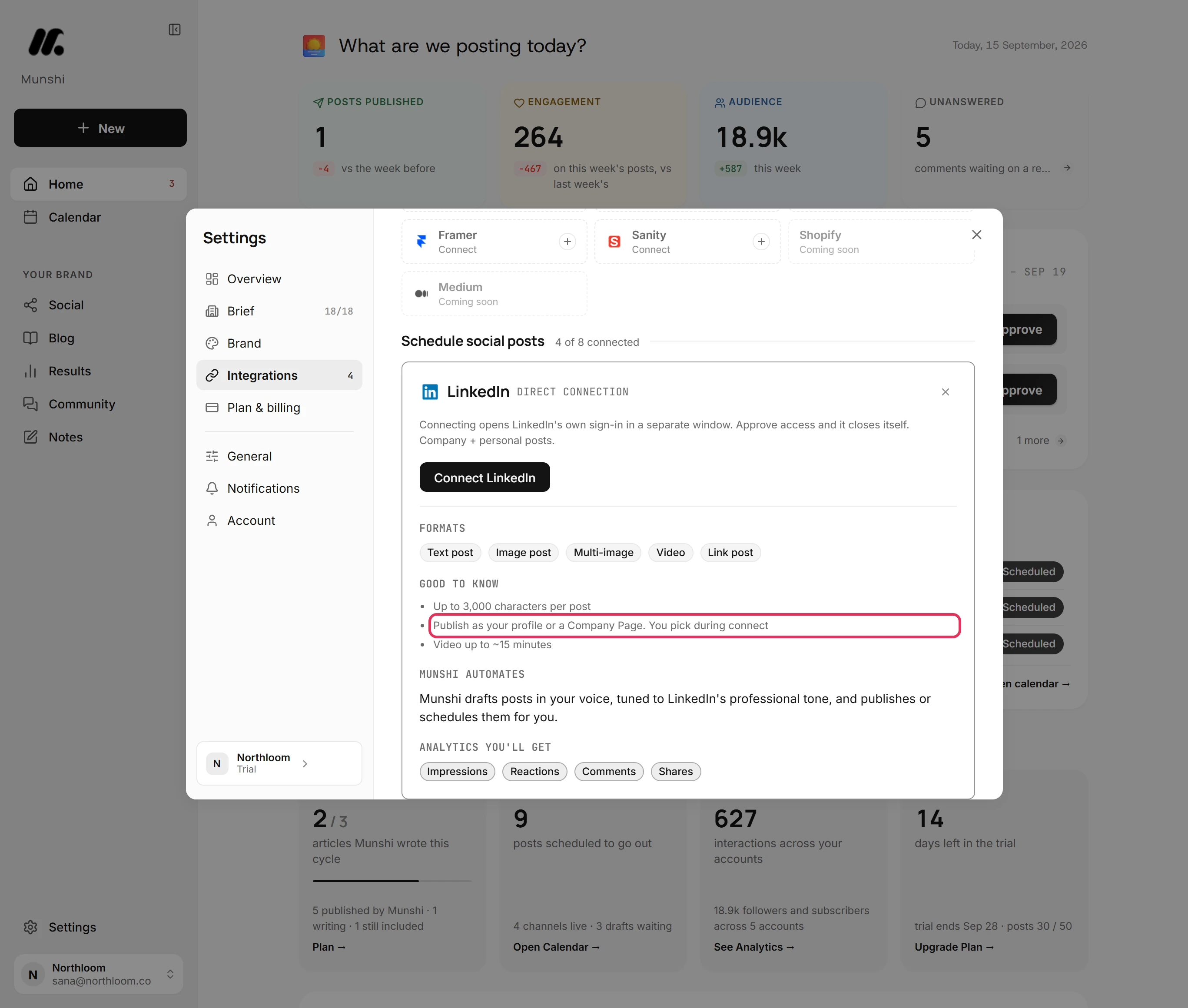 The LinkedIn card in Integrations, with the line Publish as your profile or a Company Page. You pick during connect outlined.