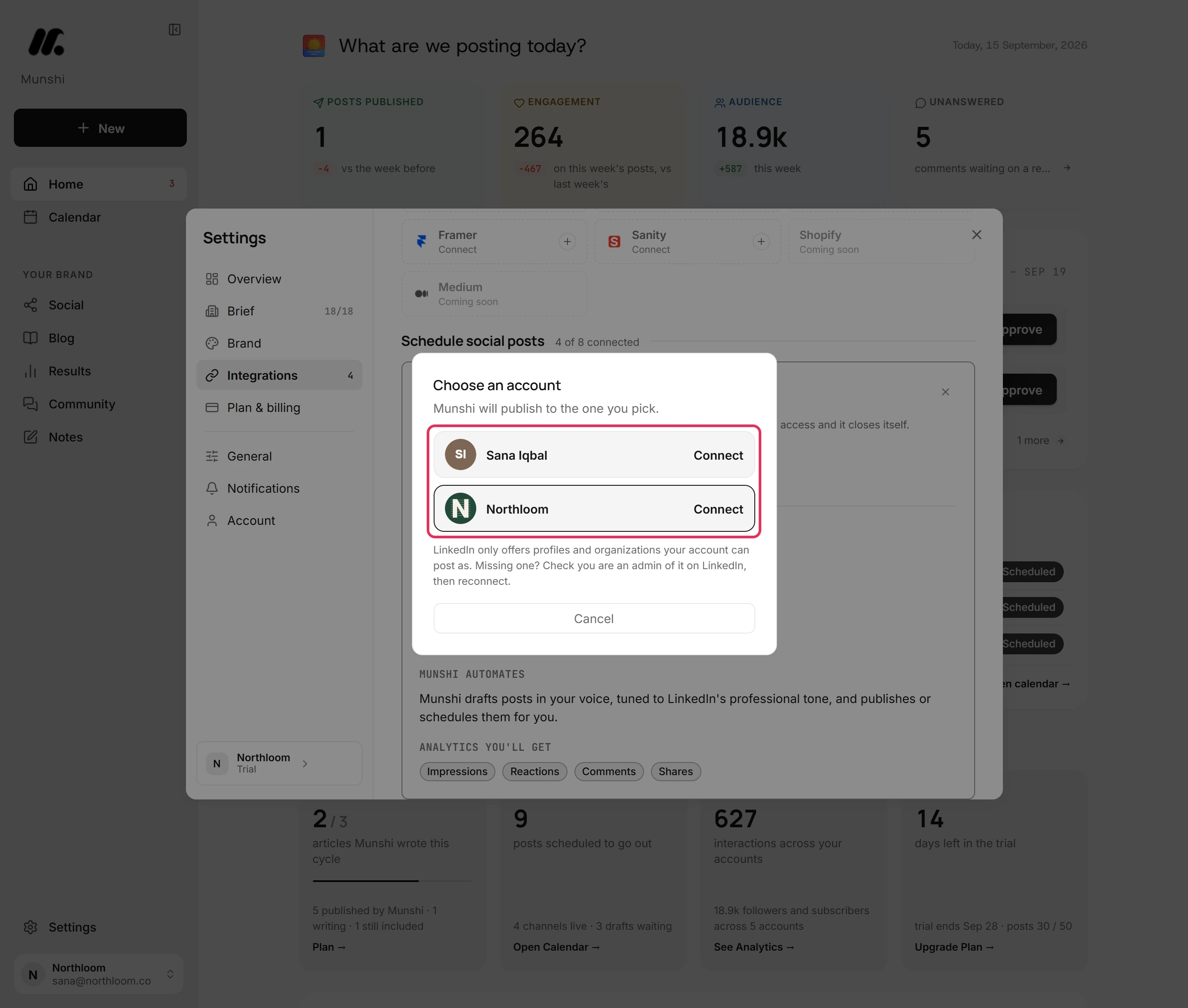 The Choose an account dialog listing Sana Iqbal and Northloom, each with a Connect button, outlined.