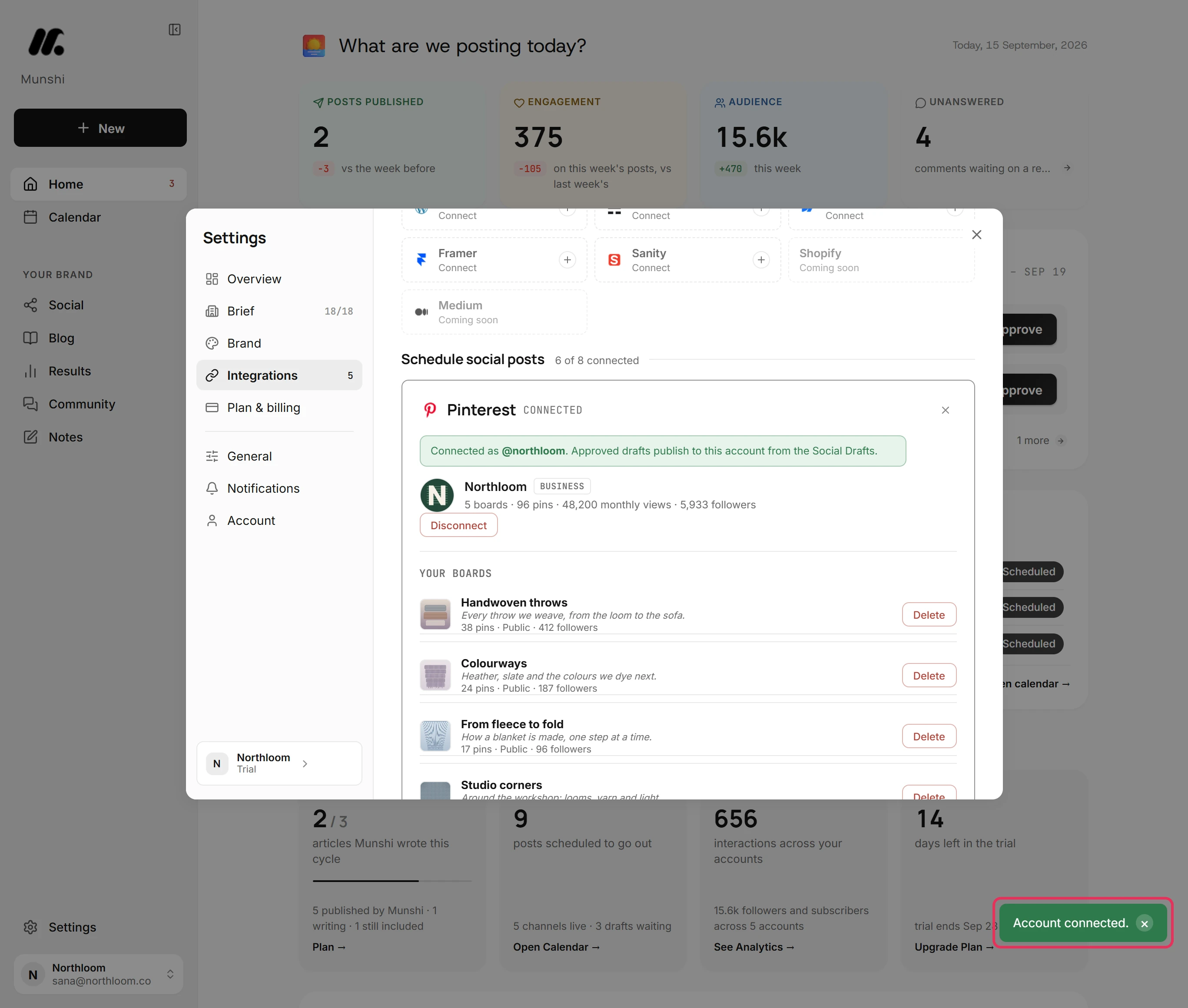 The Account connected. message after Pinterest's window closed, outlined.