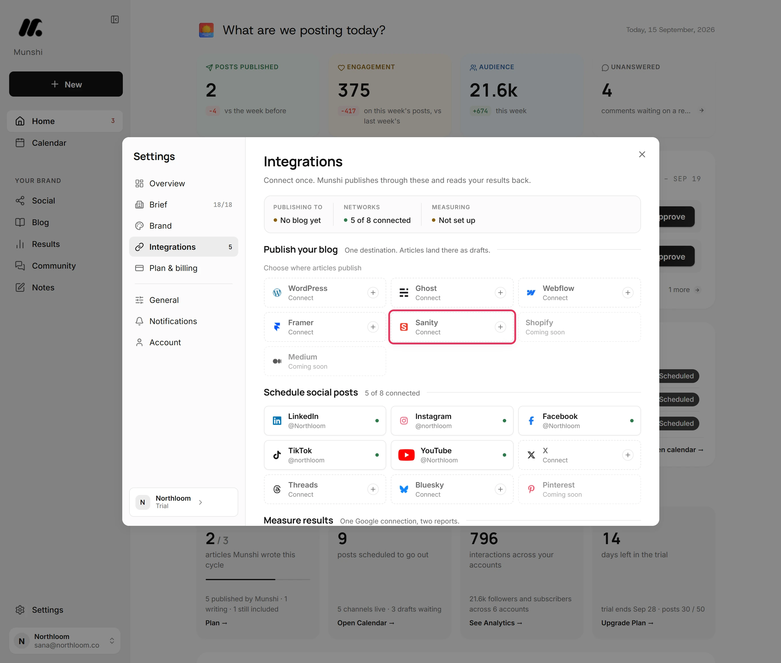 Integrations with the Sanity tile under Publish your blog outlined.
