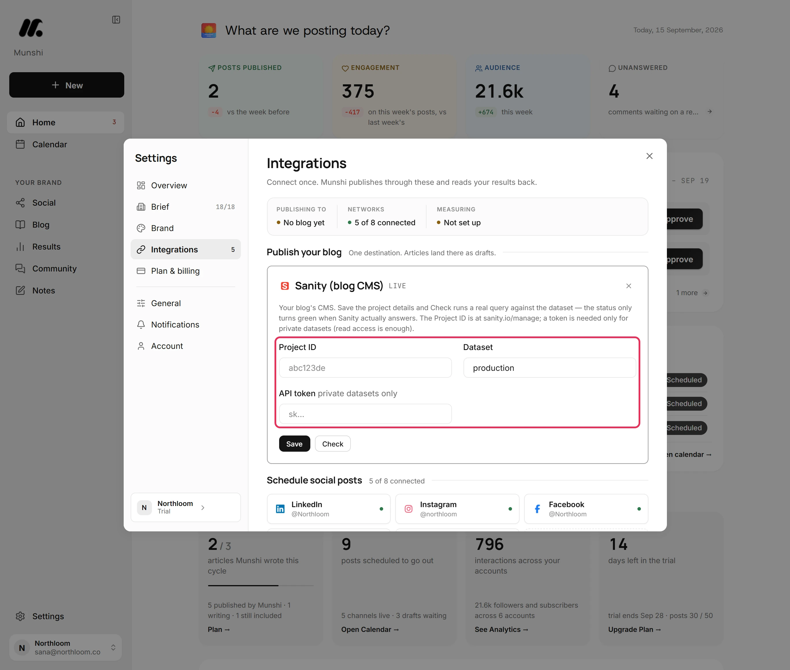 The Sanity card open, with its Project ID, Dataset and API token fields outlined.