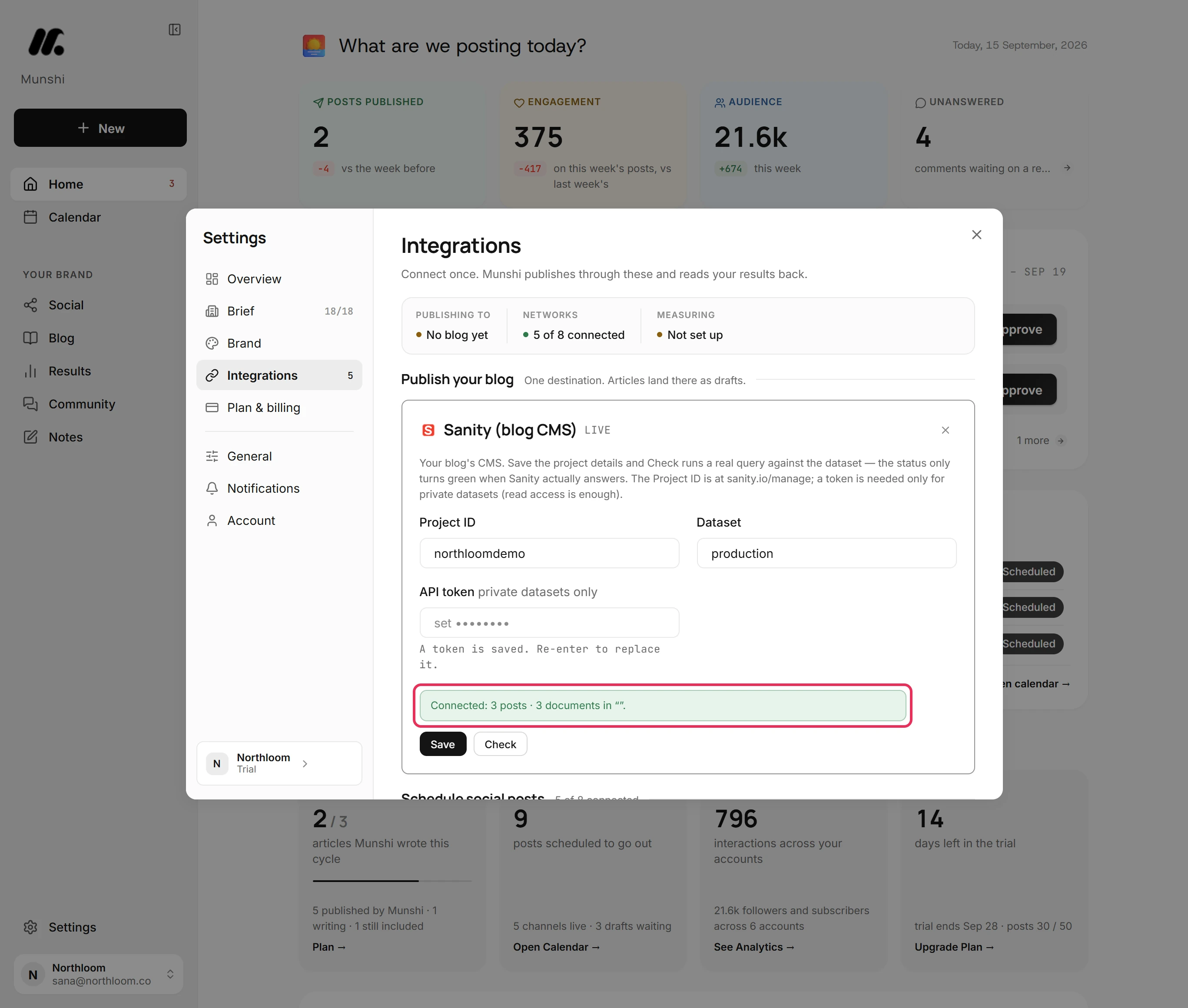 The message Connected: 3 posts outlined, under the Project ID, Dataset and API token fields.