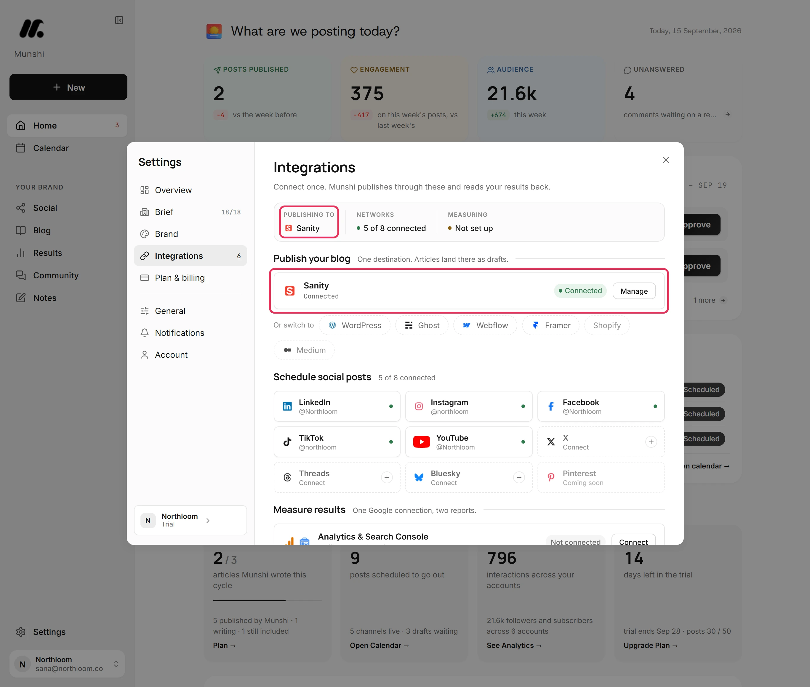 Integrations with Publishing to reading Sanity and the Sanity destination row with its Connected badge outlined.