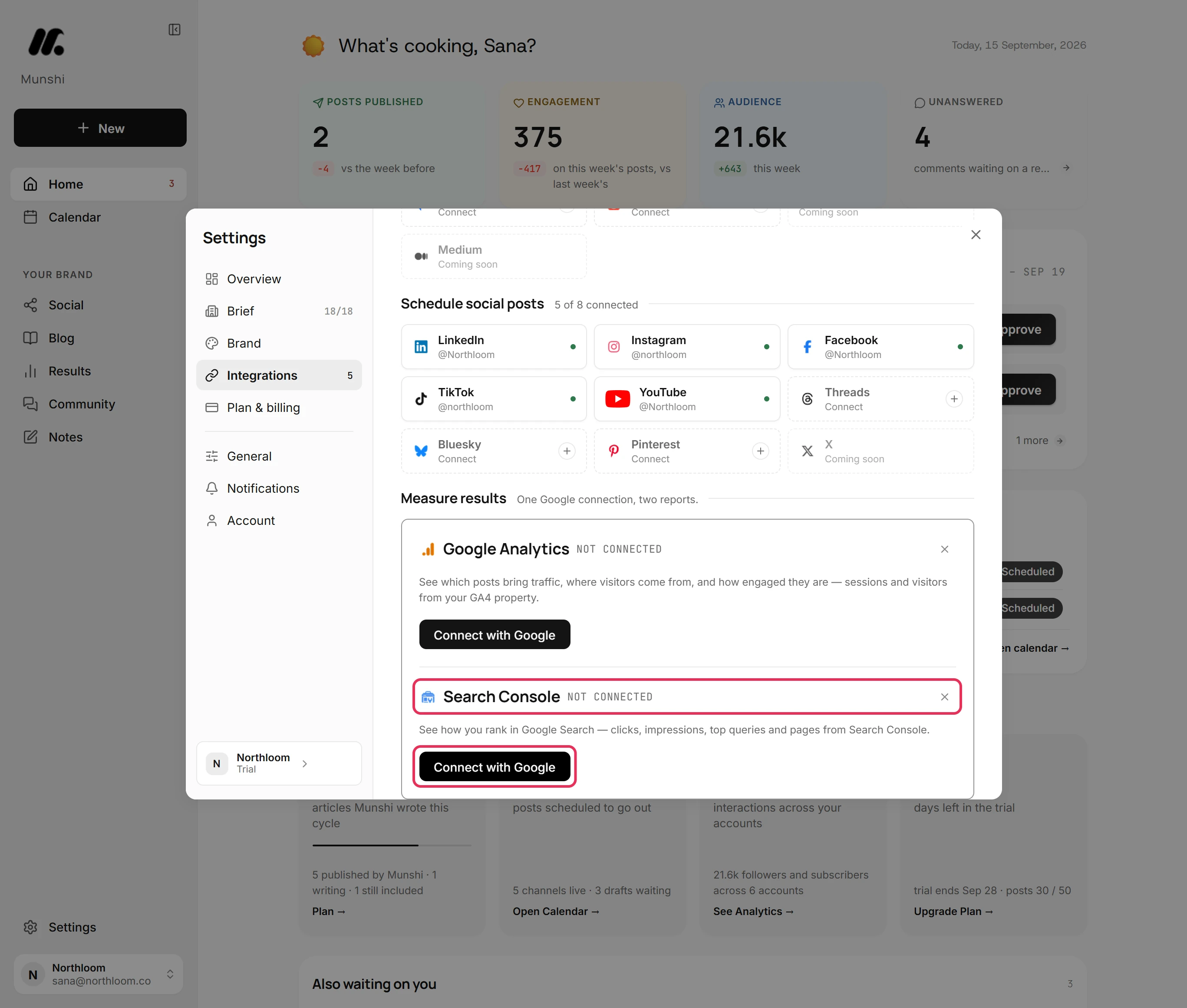 The Search Console panel reading Not connected, with its Connect with Google button outlined.