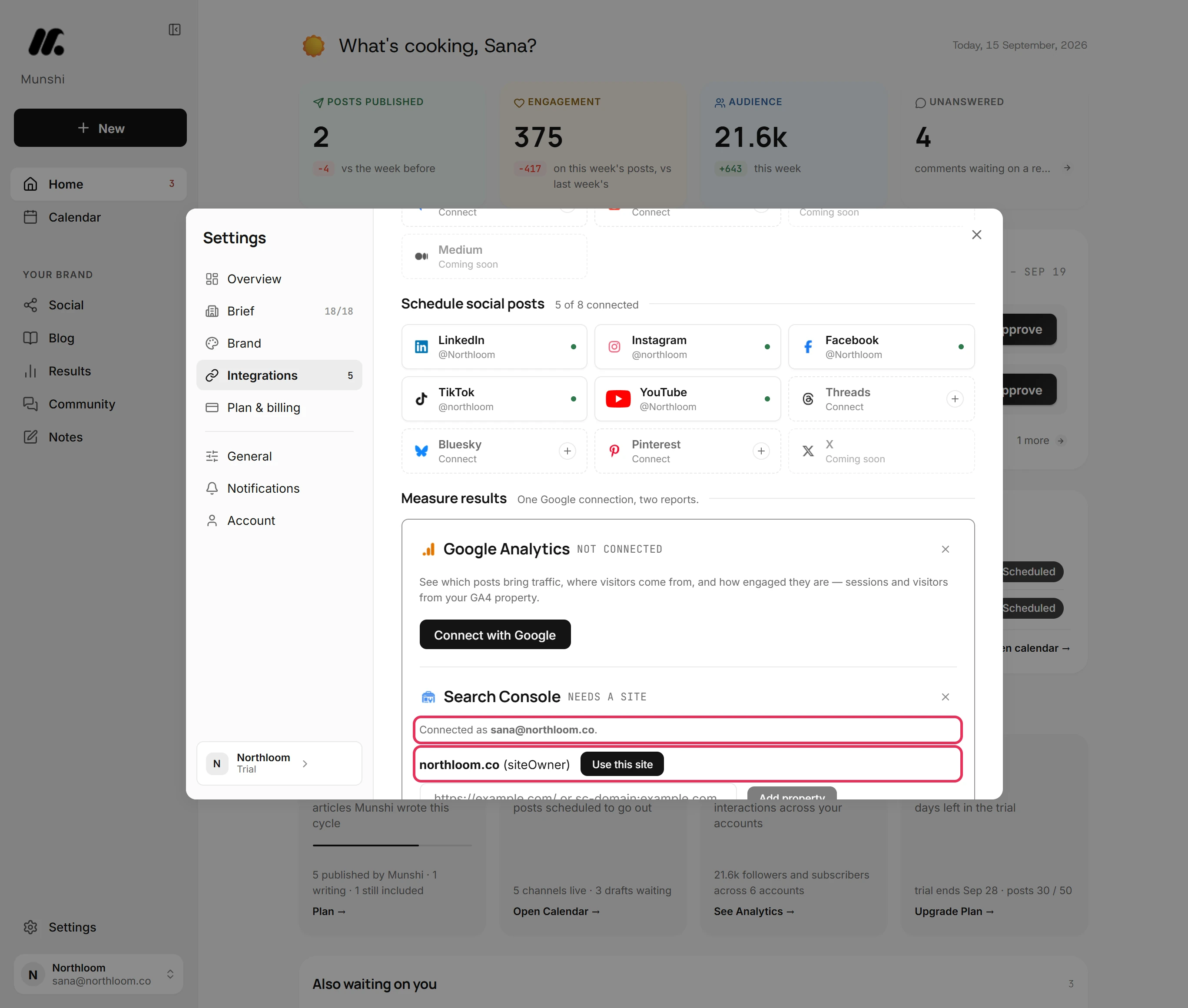 The Search Console panel connected as sana@northloom.co, listing northloom.co (siteOwner) with Use this site.